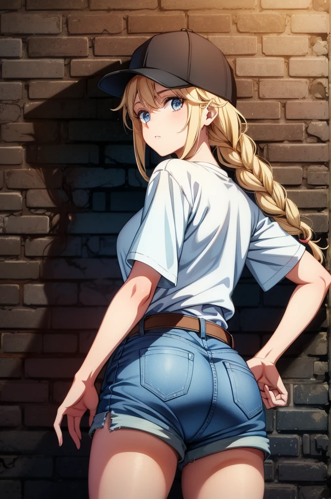 a cartoon girl in a baseball cap and denim shorts standing on top of a brick wall, 1girl, shorts, ass, denim, hat, denim shorts, blue eyes, blonde hair, solo, braid, looking back, baseball cap, shirt, short sleeves, underbutt, breasts, long hair, short shorts, looking at viewer, white shirt, large breasts, twin braids, black headwear, thighs, from behind, cutoffs