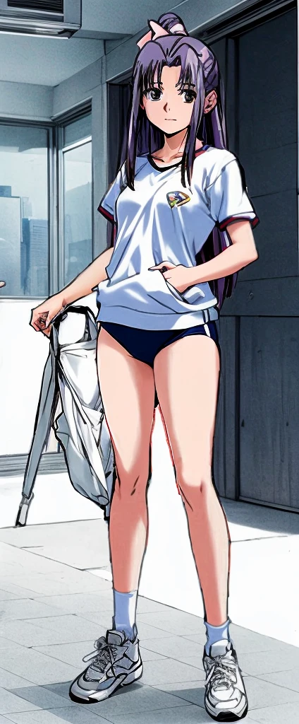 Momoko Koigakubo, a tall girl with beautiful legs, is wearing white gym clothes and light navy blue bloomers that look like panties, and is standing facing forward with her legs spread to the sides and her mouth open.。Doing Comanechi pose。blush。