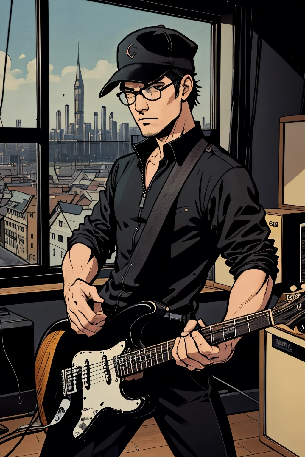 Male guitarist wearing all black, long pants, black glasses with a black cap and holding Black Stratocaster guitar, guitar pedalboard effect, in a studio room with a town view from the window, Hayao Miyazaki art style