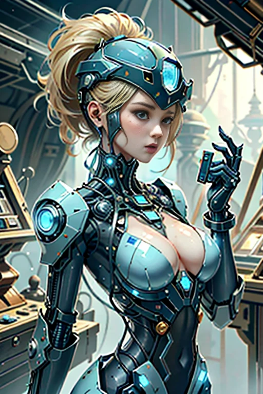 (best quality,4k,8k,highres,masterpiece:1.37), ultra-detailed, (realistic,photorealistic,photo-realistic:1.37), (aerial view), (top down perspective), 1woman, (a woman pulling a video game cartridge out of a futuristic artifact box full of retro video game cartridges:1.6), (the woman is looking at the box:1.4), (Futuristic artifact box), (the artifact box is open), (The scene unfolds inside a mystical cavern:1.4), joints, mecha, (The woman is wearing a mecha exoskeleton made with blue glass details, covering her entire body:1.5), (She has a blue glass helmet visor:1.4), (dynamic angle:1.37), reelmech, mechanical parts, fractal_body, (The woman's hair is made of fractal technologic components:1.4), (She has short blonde hair:1.37), (fantasy and sci-fi mixed:1.37), holographic glitch effects floats around the woman, vibrant colors, (A blue glow emanates from inside the treasure chest), glowing lights, (abandoned machinery), (there are video game cartridges and consoles on the background), mystical creatures, (there are crystal formations spreading on the background), (futuristic technology), (ancient artifacts), mystical energy, vibrant retro aesthetic, atmospheric lighting, ancient ruins, mysterious symbols, lush vegetation, interdimensional portals, nostalgic atmosphere, epic adventure, delightful surprises