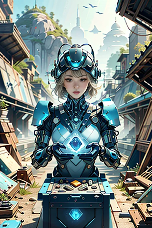 (best quality,4k,8k,highres,masterpiece:1.37), ultra-detailed, (realistic,photorealistic,photo-realistic:1.37), (aerial view), (top down perspective), 1woman, (a woman pulling a video game cartridge out of a futuristic artifact box full of retro video game cartridges:1.6), (the woman is looking at the box:1.4), (Futuristic artifact box), (the artifact box is open), (The scene unfolds inside a mystical cavern:1.4), joints, mecha, (The woman is wearing a mecha exoskeleton made with blue glass details, covering her entire body:1.5), (She has a blue glass helmet visor:1.4), (dynamic angle:1.37), reelmech, mechanical parts, fractal_body, (The woman's hair is made of fractal technologic components:1.4), (She has short blonde hair:1.37), (fantasy and sci-fi mixed:1.37), holographic glitch effects floats around the woman, vibrant colors, (A blue glow emanates from inside the treasure chest), glowing lights, (abandoned machinery), (there are video game cartridges and consoles on the background), mystical creatures, (there are crystal formations spreading on the background), (futuristic technology), (ancient artifacts), mystical energy, vibrant retro aesthetic, atmospheric lighting, ancient ruins, mysterious symbols, lush vegetation, interdimensional portals, nostalgic atmosphere, epic adventure, delightful surprises
