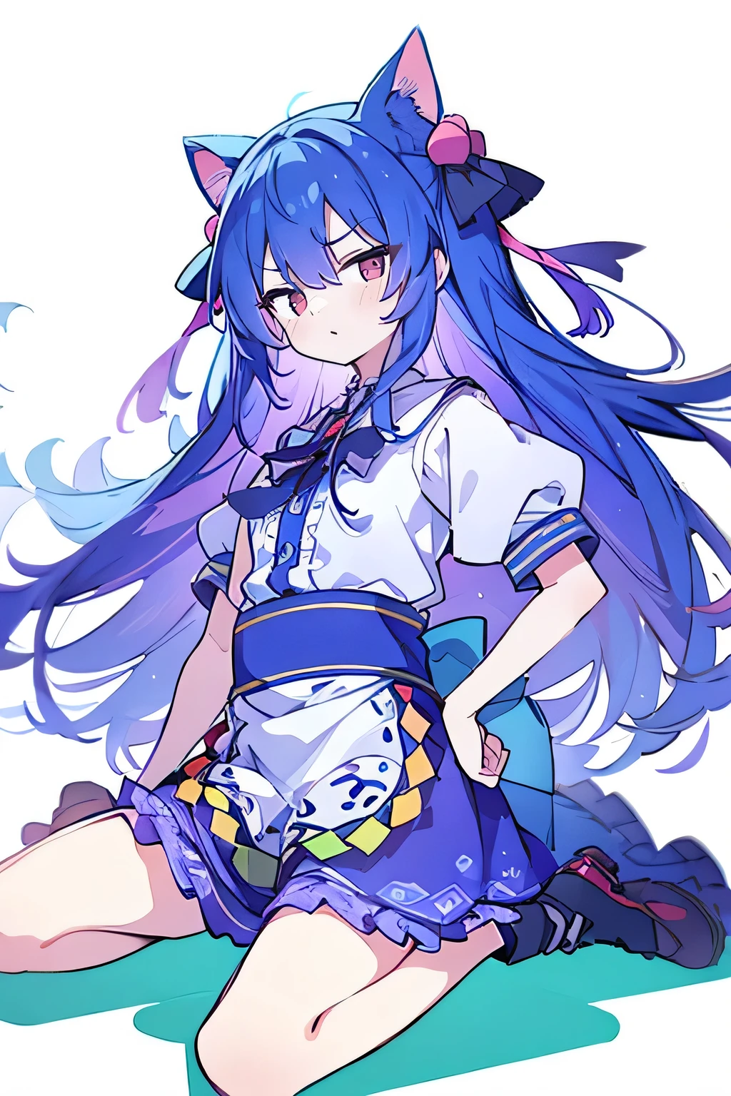 (masterpiece),best quality, expressive eyes, perfect face, 1girl,
Put your hands on your waist,fair, Gorgeous,Japanese cartoons,girl,lola,Hina Angel, blue hair, blue haired, floating clothes,Grab your waist, Grab your waist, hands on hips , hands on hips,sit, sit on ground, Legs on the ground, flat chest,cat ears,