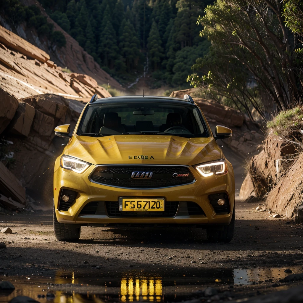 A 2024 sequoia car in a chiaroscuro environment with neon yellow accents., con elementos de brillo naranja, and an additional layer of reflection, estilo crudo [low angle], action scene, dynamic action, film grain, Desenfoque de movimiento, Epic realism, foto cruda, muy detallado, 8K