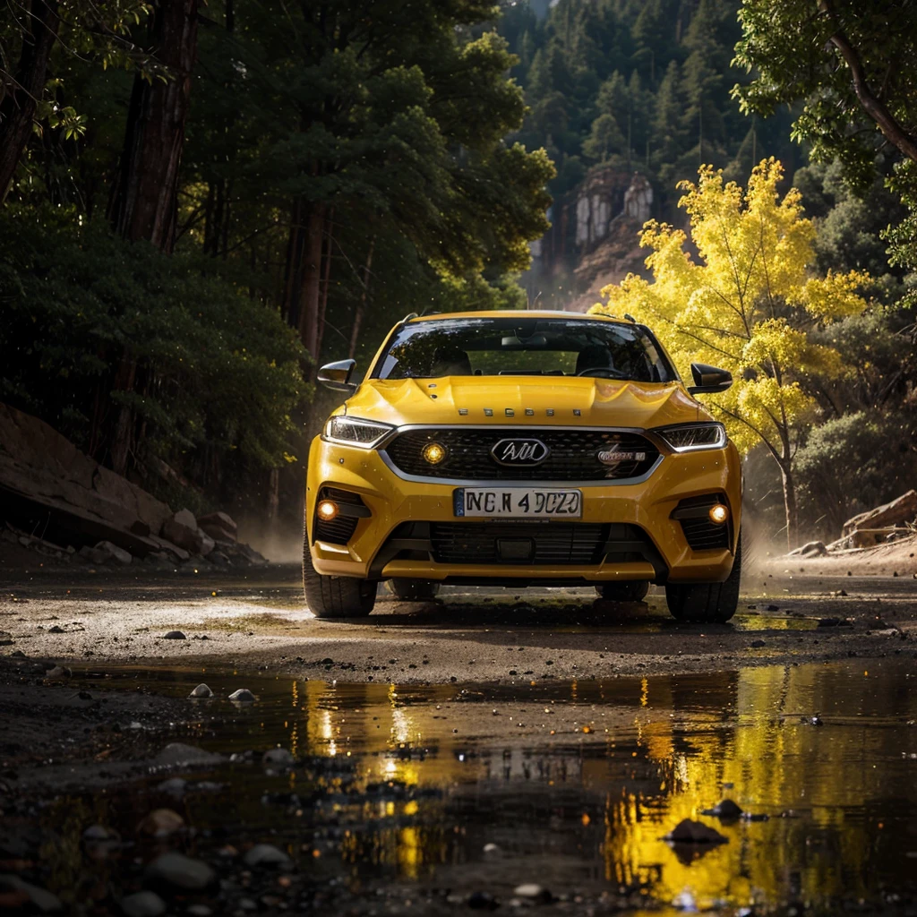 A 2024 sequoia car in a chiaroscuro environment with neon yellow accents., con elementos de brillo naranja, and an additional layer of reflection, estilo crudo [low angle], action scene, dynamic action, film grain, Desenfoque de movimiento, Epic realism, foto cruda, muy detallado, 8K