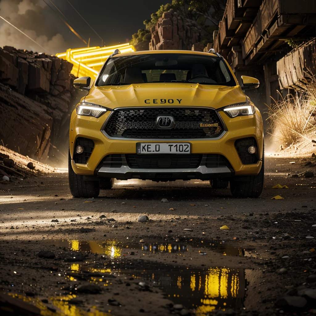 A 2024 sequoia car in a chiaroscuro environment with neon yellow accents., con elementos de brillo naranja, and an additional layer of reflection, estilo crudo [low angle], action scene, dynamic action, film grain, Desenfoque de movimiento, Epic realism, foto cruda, muy detallado, 8K