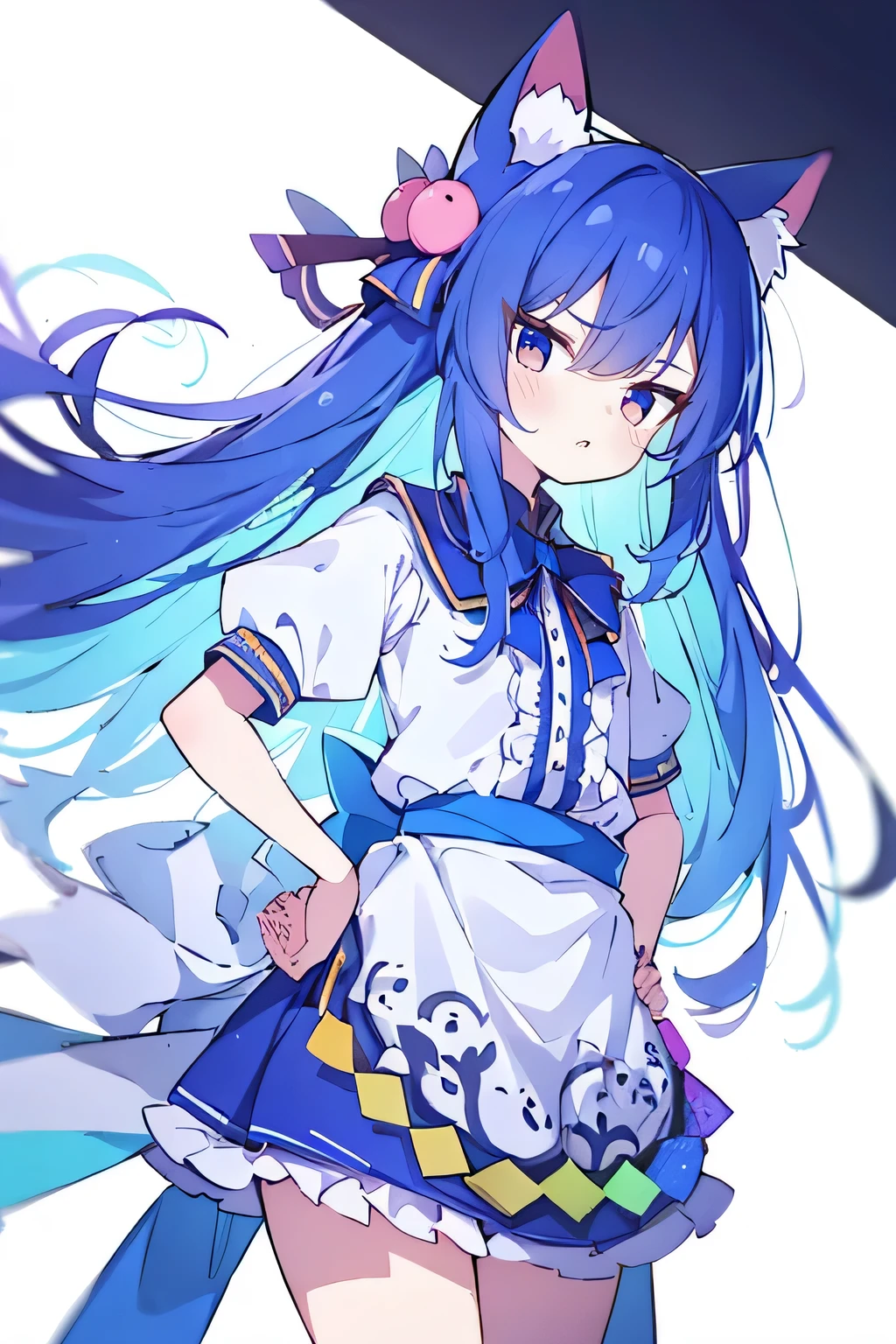 (masterpiece),best quality, expressive eyes, perfect face, 1girl,
Put your hands on your waist,fair, Gorgeous,Japanese cartoons,girl,lola,Hina Angel, blue hair, blue haired, floating clothes,Grab your waist, Grab your waist, hands on hips , hands on hips,sit, sit on ground, Legs on the ground, flat chest,cat ears,