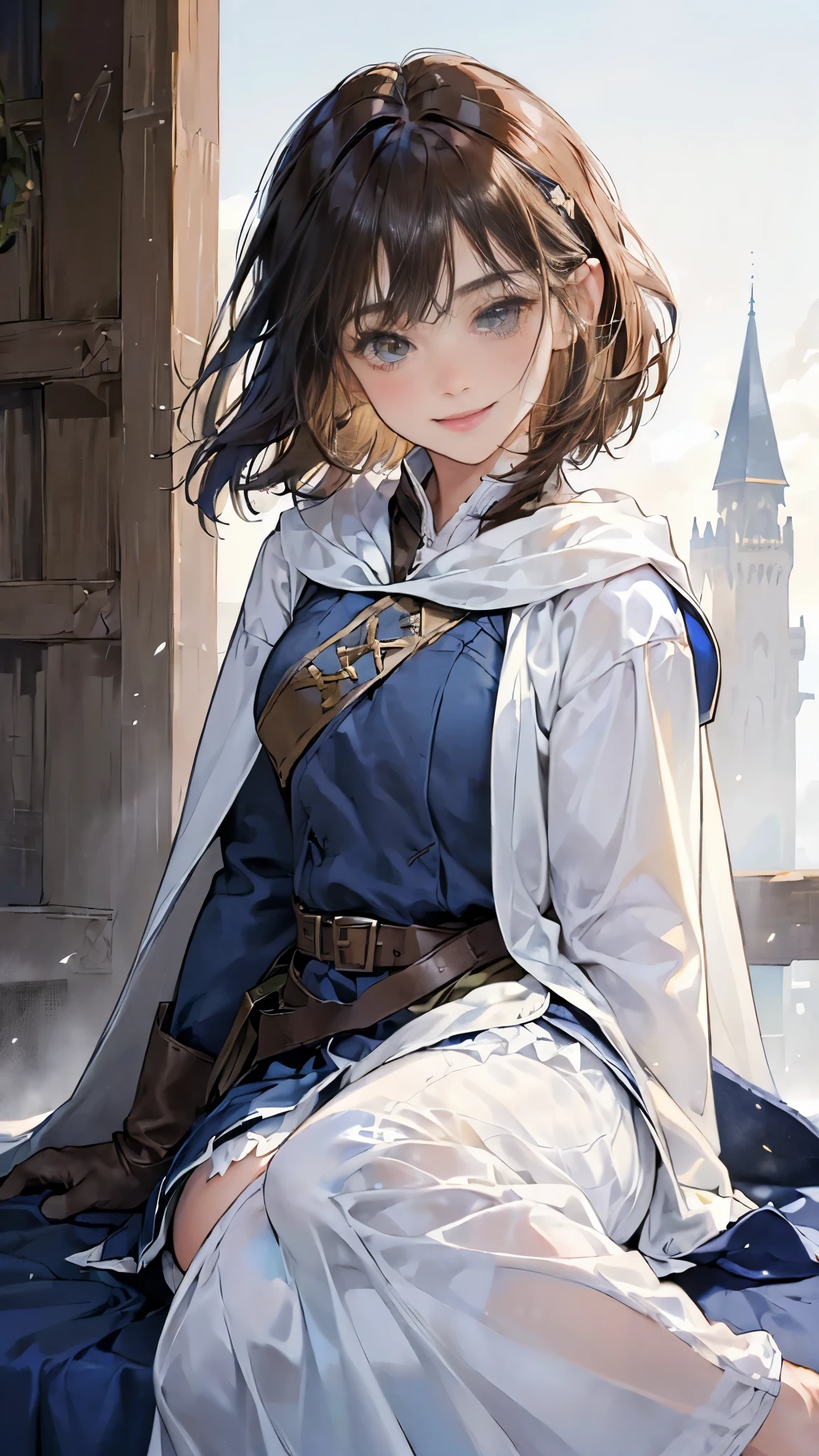 (((((girl))))), masterpiece, ultra detailed, 8K Portrait, Raw photo, woman's portrait photography, full body, Highly detailed face, mischievous childish smile, blush, ((Fantasy)), (((hobbit))), ((Adult)), 45 years old, 110cm, (((ALCHEMIST))), ((tanned skin)), (((olive brown short bob hair))), (((blunt bangs))), hair ornament, (((white silk long cloak))) Fluttering in the wind, (high school dark blue uniform:1.5), long skirt, leather gloves, Midday sun, Hyper realistic, Slender body, by the snowy castle, Ambient lighting, Shadow details, Camera focus on face, strong breeze, Light fog