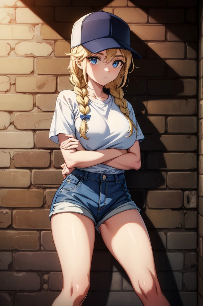 a painting of a blonde girl leaning on a brick wall with a white hat, 1girl, solo, shorts, , blue eyes, braid, hat, blonde hair, long hair, shirt, against wall, baseball cap, looking at viewer, white shirt, breasts, denim, short shorts, short sleeves, denim shorts