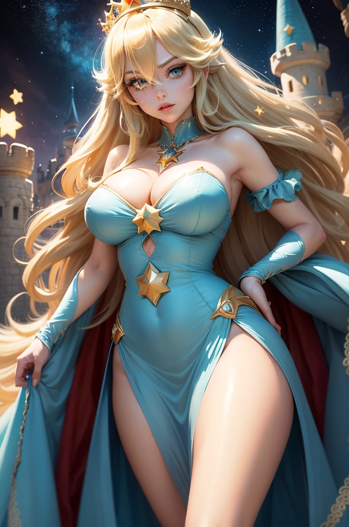 ((Princess Rosalina from super mario bros series))(she has big glowing blue eyes)(bright red lips) ((long blonde hair))(((long bangs hide one eye)))(dark eyeshadows make up)((very huge breasts)) (perfect slim body) ((wear aquamarine dress, gold crown)) (crown) ((posing sexy in cosmic castle)) (masterpiece, high definition, volumetric lights and dinamic shadows)((masterpiece))(8k)(perfect face)(ultra details) (perfect hands, eyes, and face) (luma star flying around)