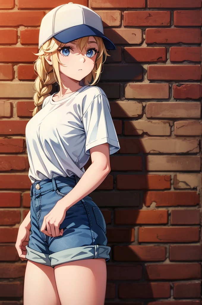 a woman wearing a cap and shorts standing under a brick wall with brick, 1girl, solo, hat, shorts, baseball cap, shirt, short sleeves, blue eyes, blonde hair, braid, long hair, white shirt, shirt tucked in, thighs, breasts, denim, brick wall, looking at viewer, hand on headwear, denim shorts, short shorts