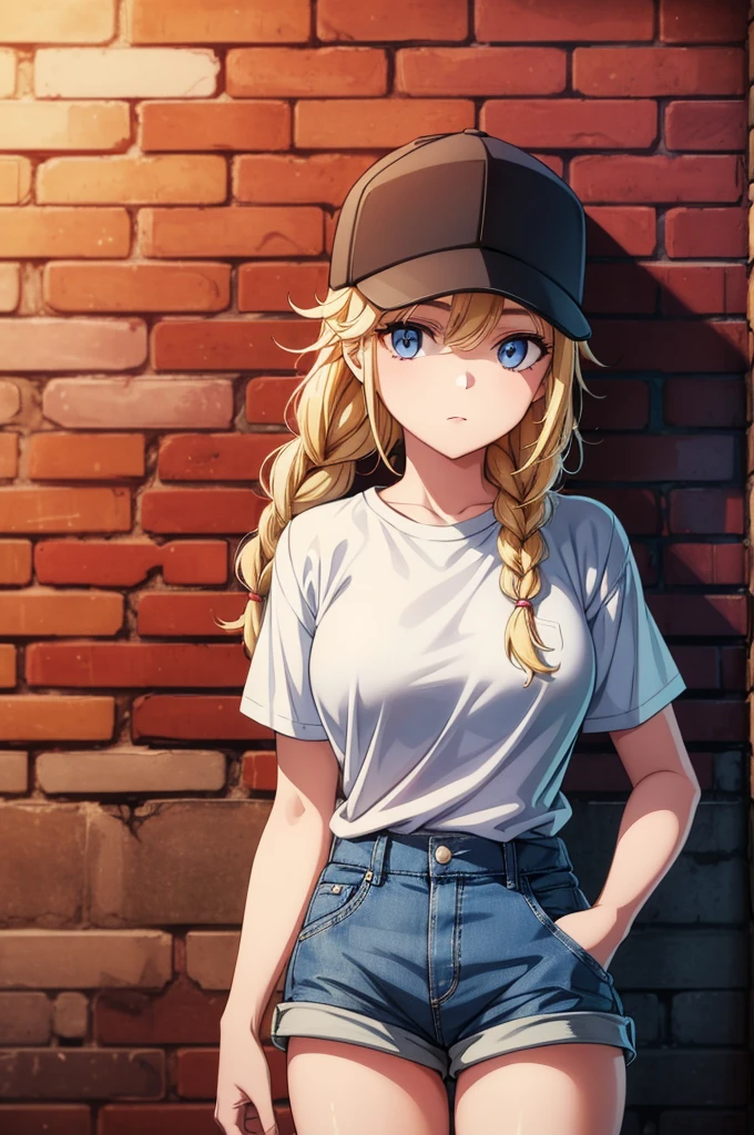 a woman wearing a cap and shorts standing under a brick wall with brick, 1girl, solo, hat, shorts, baseball cap, shirt, short sleeves, blue eyes, blonde hair, braid, long hair, white shirt, shirt tucked in, thighs, breasts, denim, brick wall, looking at viewer, hand on headwear, denim shorts, short shorts