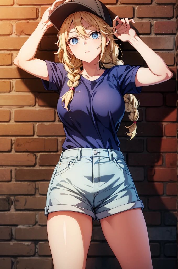 a woman wearing a cap and shorts standing under a brick wall with brick, 1girl, solo, hat, shorts, baseball cap, shirt, short sleeves, blue eyes, blonde hair, braid, long hair, white shirt, shirt tucked in, thighs, breasts, denim, brick wall, looking at viewer, hand on headwear, denim shorts, short shorts