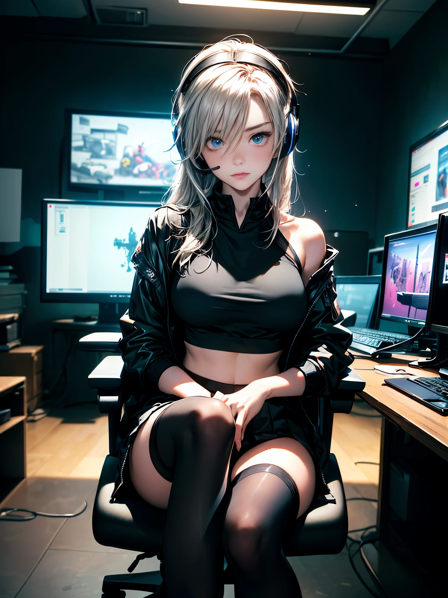 ultra-detailed, cute woman, petite stature, enormous breasts, white skin, alluring figure, black long messy hair, long upper eyelashes, eyebrows behind hair, upturned eyes, light blush, seductive smile, background((dark and messy gaming room, Server Machine, neon lights, Braces, some Computer screen, notebook)), messy paper, flight, Debris flying, writing border depth, Movie, Finished lunch box, Cup drinks, (((seated in a gaming chair))), ((sitting behind a computer)), ((Cross the feet)), (engrossed in staring at the computer screen:1.4), ((hands moving on the keyboard)), ((black RGB gaming headset)), , ((Blue jacket)), Open one shoulders, ((black short bandeau top)), ((white skirt), ((black thigh-high stockings)), ((screen light)), HDR, Premium shadow, Perfect painting, visual art, Perfect art, super detail, chiaroscuro, Best quality, super textured skin, super detail face, perfect face, Super fine facial details, beautiful and delicate eyes, perfect eyes, correct limbs, correct finger, super detail finger, best hair quality, best clothing quality, (((best prop quality))), ccurate, highres, super detail, masterpiece