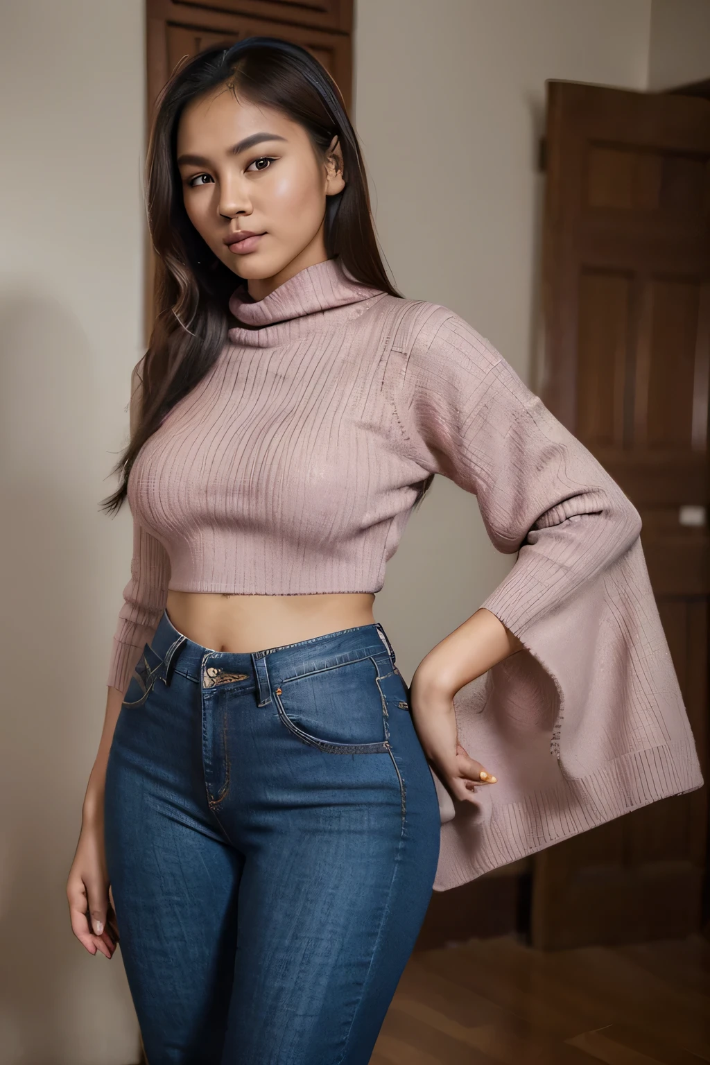 ((a potrait of pretty palembang+javanese woman 21 years old with a 171 height and 60 kg fat body, thin jawline, brown-skinned woman, camera canon, half potrait view, seductive dynamic pose, pink long sweater, blue jeanspants))