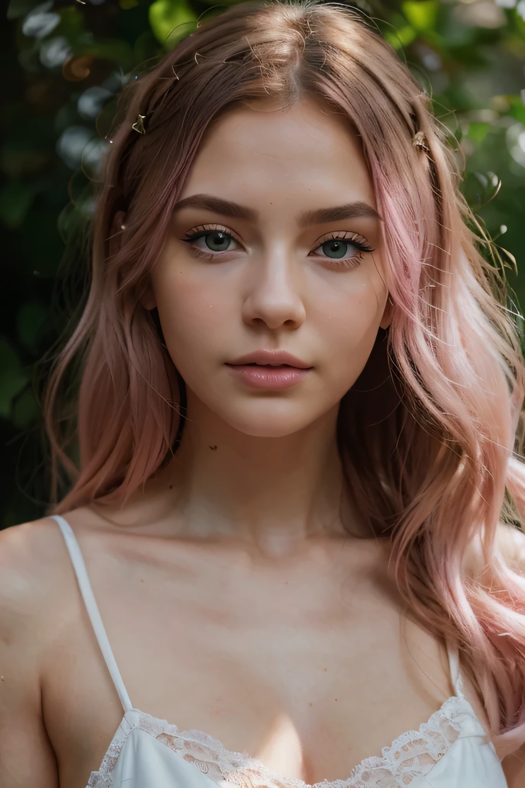 , mix of Russian and Ukrainian, (pink hair with white strands), (delicate features), (Barbie doll face), (softly defined cheekbones that highlight the facial structure), hazel color and varied expressiveness), (green eyes intense emerald), (small jaw) (she has black and defined eyebrows that frame her gaze), (almond-shaped eyes) (it is long and curly, which further enhances the beauty of your eyes), (your nose is small and defined) (the lower and upper lips are full and pink), (Very attractive lips), (the skin looks smooth and radiant) (the white skin has an even tone and a slight blush on the lips), (cheeks), hyperrealism, 8K UHD, realistic skin texture, imperfect skin, shot with Canon EOS 5D Mark IV, highly detailed, masterpiece, lora:GoodHands-beta2:0.8, ultra realistic, concept art, elegant, highly detailed, intricate, sharp focus, depth of field. , f/1.8, 85mm, medium shot, (centered image composition), (professionally graded color), ((bright soft diffuse light)), sunny day, instagram trend, tumblr trend, 4k hdr, 8k } photography 0.35 mm, film, bokeh, professional, 4k, very detailed. Perfect hands and fingers.
