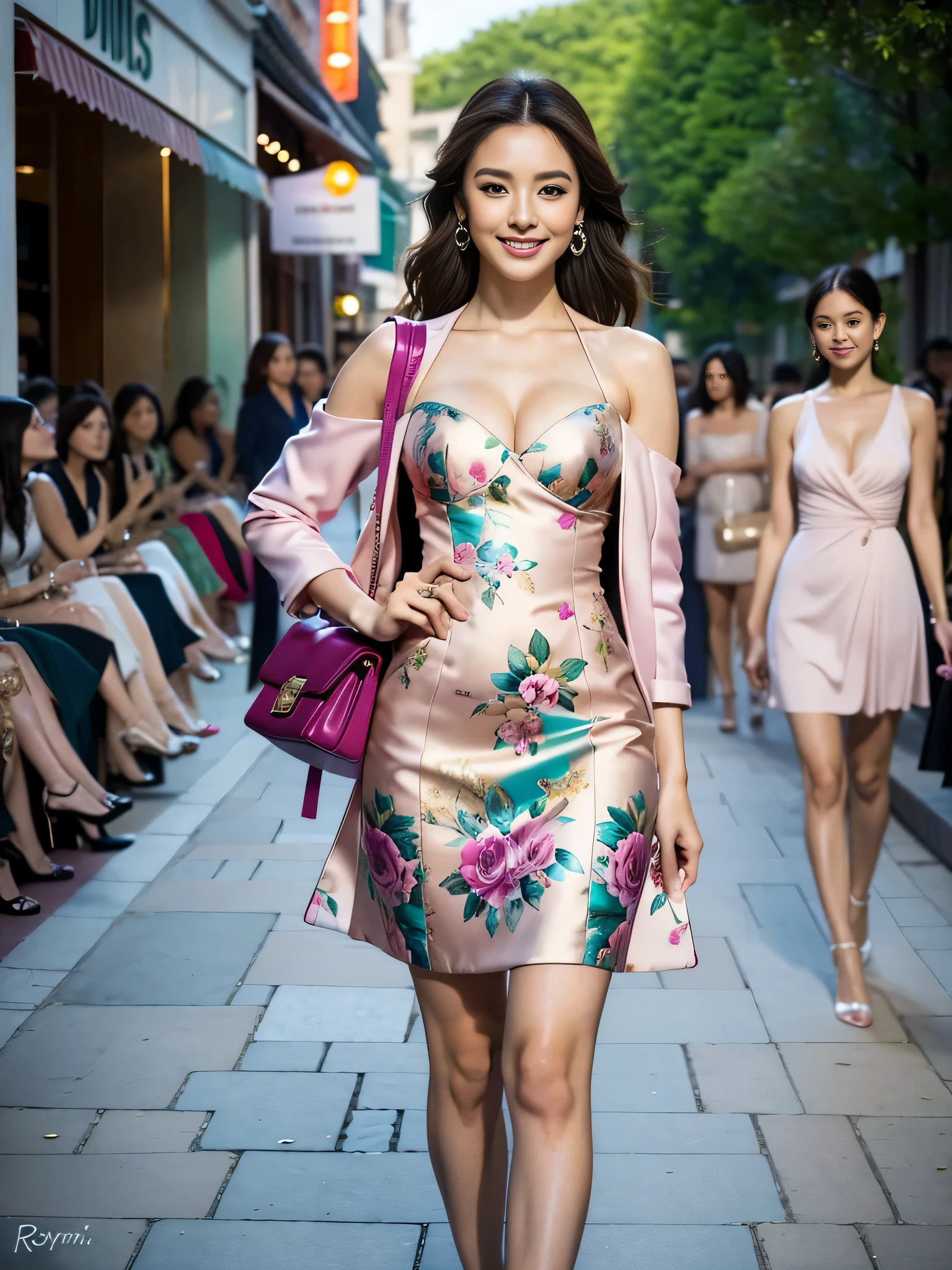 professional photo of 1 asian girl, mini dress, full body photo, masterpiece, beautiful landscape, photoRealistic, intricate-detail、Raw foto、perfect skin, radiant skin, white skin, natural makeup, Trending in art stations, 1girl 20 yrs, 170 height, light brown medium Hair, young monica bellucii face , beautiful face, real face, better eyes, face and skin, dimple, cute girl, small nose, sweet girl, jaw dropping beauty, smiling with dimples, white teeth, curly hair, green eyes, beautiful eyes, seductive smile, sensual full lips, medium breasts, sexy cleavage, curvy girl, gorgeous girl, darkviolet mini A Line Shift Dress, royalblu dress, pink and navyblu color, designer minidress, prada spring collection dresses, walkiing down on the streets detailed legs, vogue style, beautiful colors, beautiful contrast colors, Super detail body, perfect body, perfect legs, confident woman, seductive smile, pastel colors, glamorous design with beautiful details, intricate details, designer outfit, expensive outfit, sexy cleavage, modern and chic accessories, small pearl earrings, vivid colors, various poses, foreground objects, background details, feminine and stylish girl, super sharp image, 18K, beautiful pose, full body photo, smiling, vibrant colors, mini Dress limegreen color dress, intricate details, hand made details, designer dress, glamorous design, stylish and feminine girl, fashionable clothes, beautiful clothes contrast, Try adding a chic accent, uhd, various poses, image clarity, depth of field, real life enhancer, walkiing down on the streets perfect legs, multi floral print dress, She wears a burgundy SLIM-FIT JACKET, elegant jacket, designer jacket with beautiful details, high quality jacket, super realistic