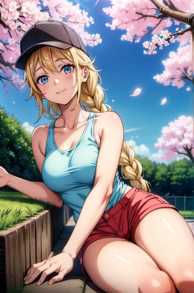 a sexy blonde woman laying in front of anime-style trees with flowers on them, 1girl, blue eyes, shorts, long hair, blonde hair, braid, cherry blossoms, smile, hat, baseball cap, breasts, red shorts, short shorts, black headwear, tank top, thighs