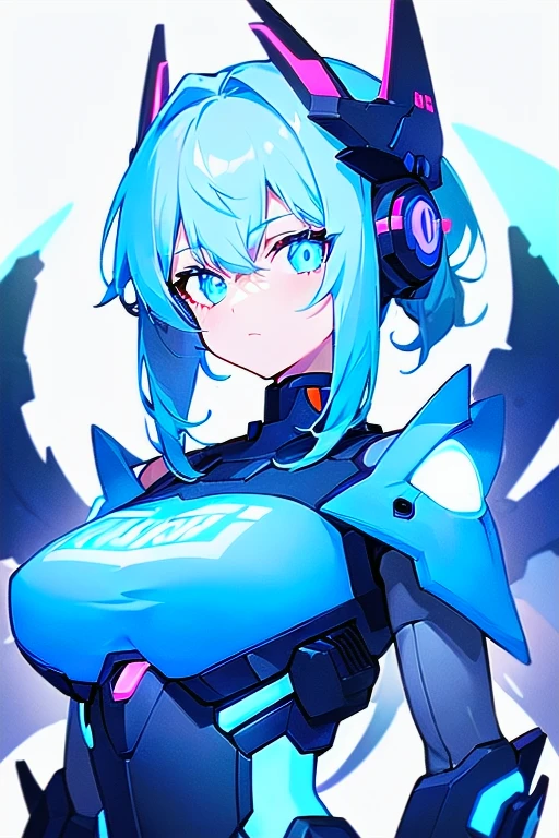 [(WHITE BACKGROUND:1.5),::5],  ((((masterpiece)))), high quality, very_high_resolution, large_filesize, full color, ((cyborg girl)), 15 old year, upper body, neon color hair, (neon light mecha musume:1.2), vivid color, neon color eye, civilian clothes white, blue head gear, anime, dragonArmor, mechanic dragon Tail, dragon wing