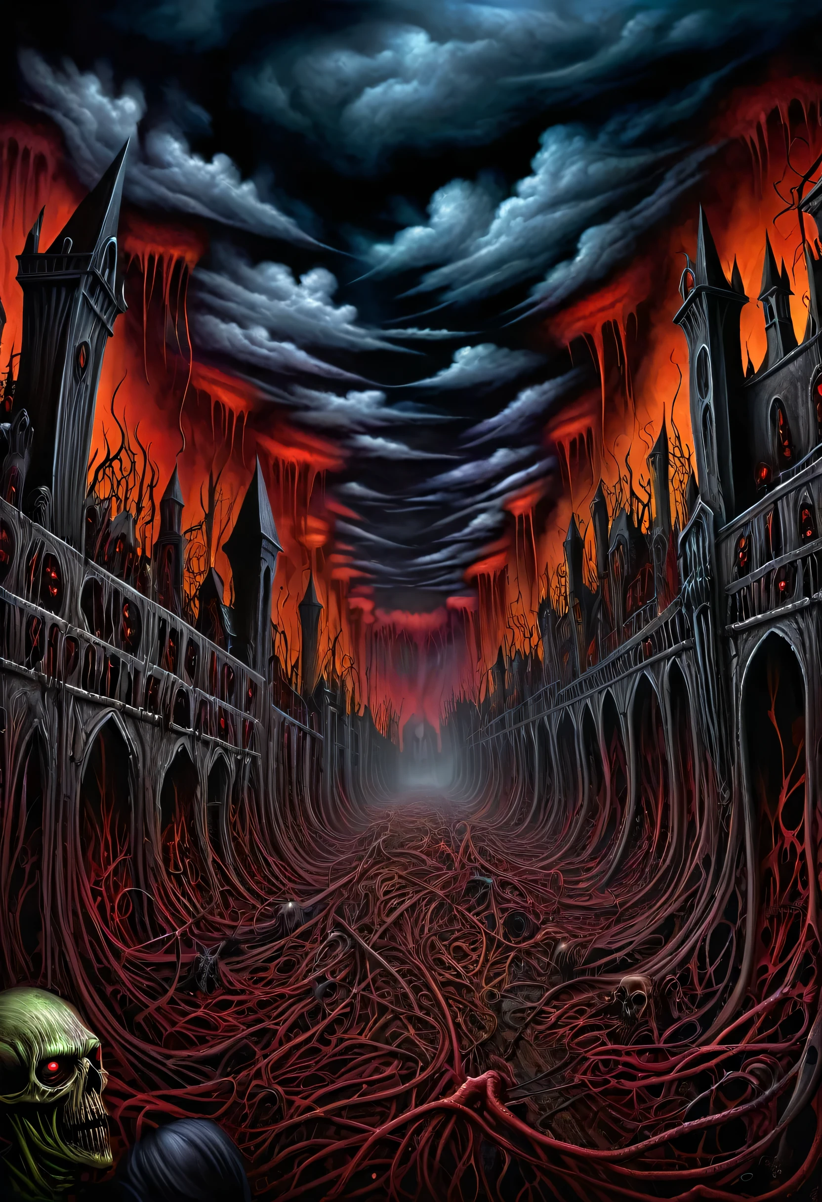 color drawing horror art: wide angle of madness landscape. On the left the horror wall with horror creatures designed by Dan Seagrave. On the middle a creepy infernal Biomechanical palaces by Derek Riggs. Dramatic cloudy sky of disgrace. Insane and extreme horror art.