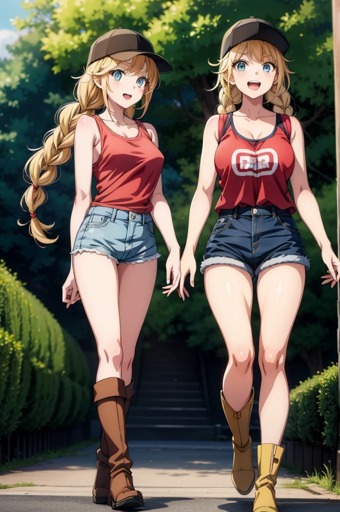 two anime cartoons of two identical female characters with blonde hair and blue eyes, multiple girls, blonde hair, 2girls, boots, blue eyes, long hair, braid, shorts, hat, smile, shirt, outdoors, pants, open mouth, breasts, brown footwear, looking at viewer, black headwear, collarbone, baseball cap, twin braids, red shirt, :d, denim, sleeveless, tank top, sleeveless shirt, jacket, short shorts, bangs