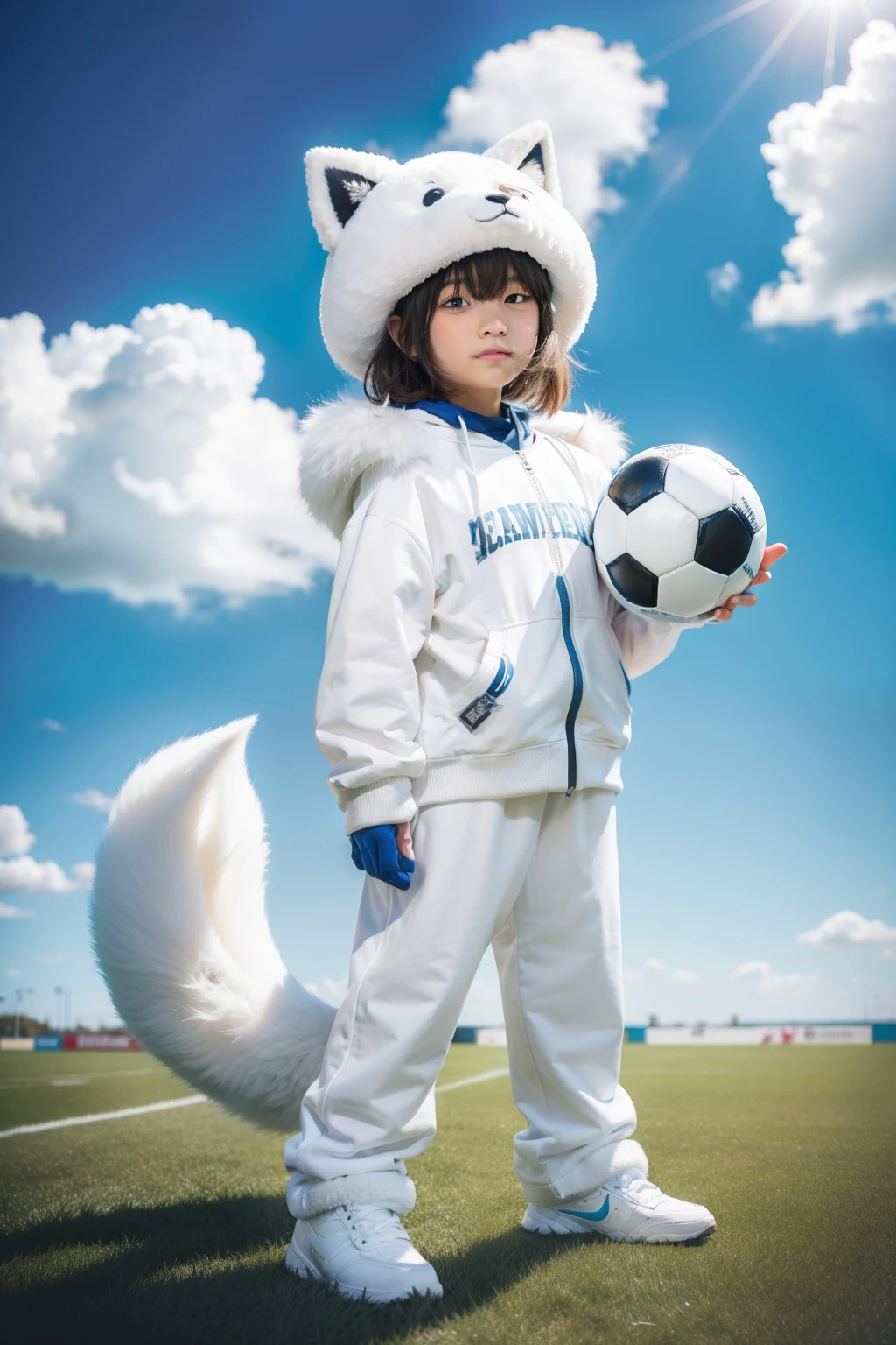 schoolboy，14 years old，arctic fox，shaggy，Animal ear，Animal fur，Hairy all over，Animal paws，large ear，adolable，kawaii，Fluffy tail，White fur，Comic book style，Wearing a Soccer Suit，play soccer，On the football field，Detailed background，with blue sky and white clouds，tmasterpiece，BestWorkanhwa Style