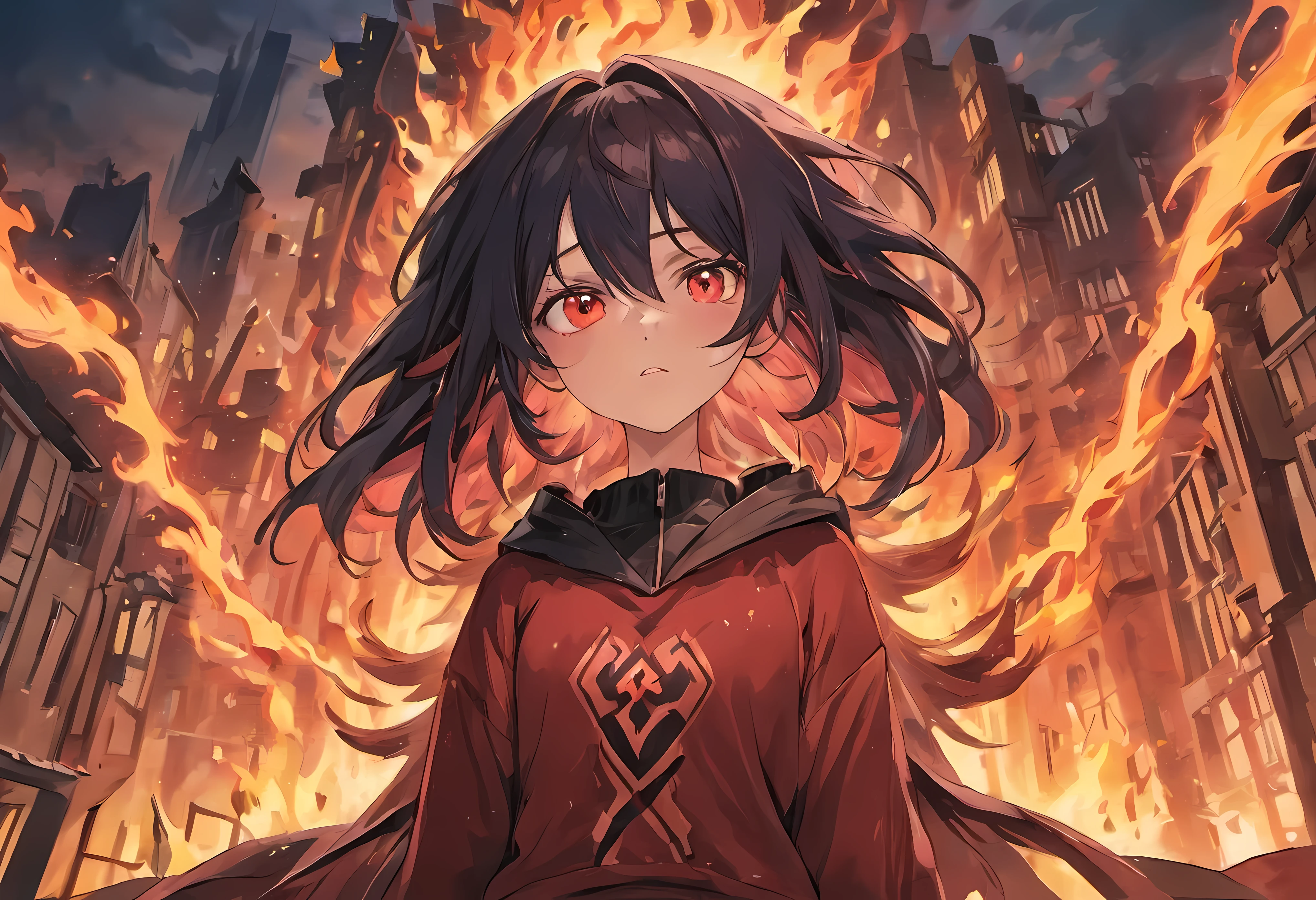 (masterpiece, absurdres, best quality, 1girl, solo, night sky:1.2), red and black sweater, medium breasts, (black hair, long hair, unkempt hair, spiky hair:1.3), (expressionless, crimson eyes with slit pupils:1.6), (looking at viewer, from below, upward angle:1.4), (crimson flames, bloodstained clothes, burning buildings:1.6)