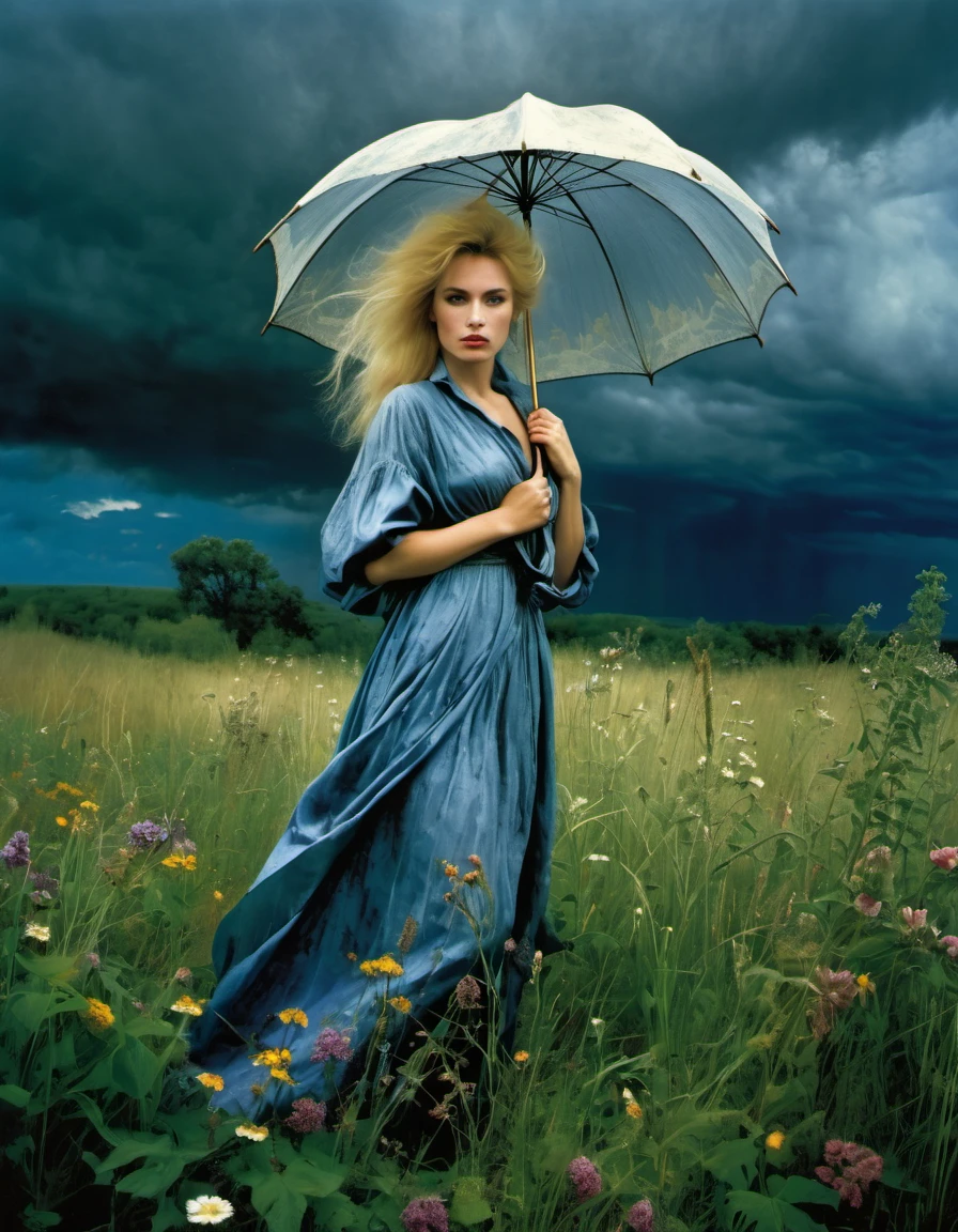 Art by Era Leisner, and Jan Saudek  full figure of a mysterious beautiful woman with windswept blonde hair holding an umbrella and standing in a meadow with tall grass and wild flowers. stormy clouds in the sky, Enchanting and ethereal scene.