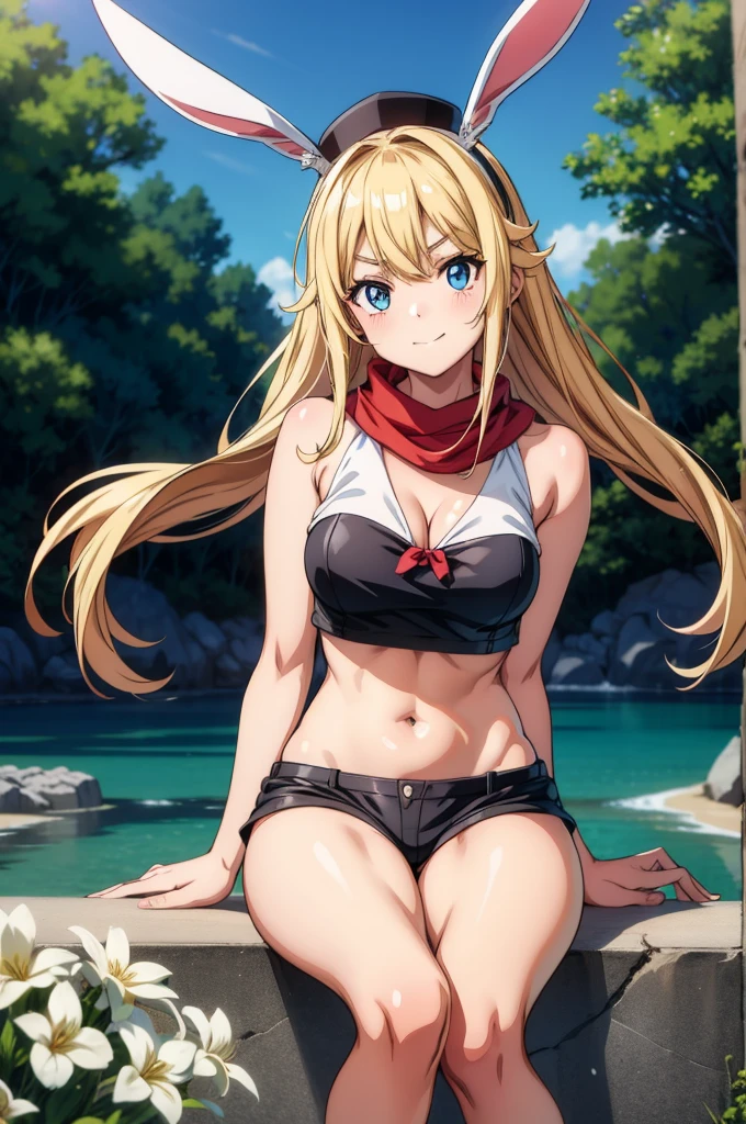 a naked anime girl wearing a swimsuit and bunny ears eating eggs, 1girl, long hair, breasts, blue eyes, solo, navel, outdoors, blonde hair, bare shoulders, shorts, cleavage, smile, looking at viewer, hat, short shorts, black shorts, bare arms, v-shaped eyebrows, day, sleeveless, stomach, sitting, spread legs, thighs, red scarf, midriff, tree, rabbit ears, crop top, sleeveless shirt, animal ears, closed mouth, fake animal ears, scarf