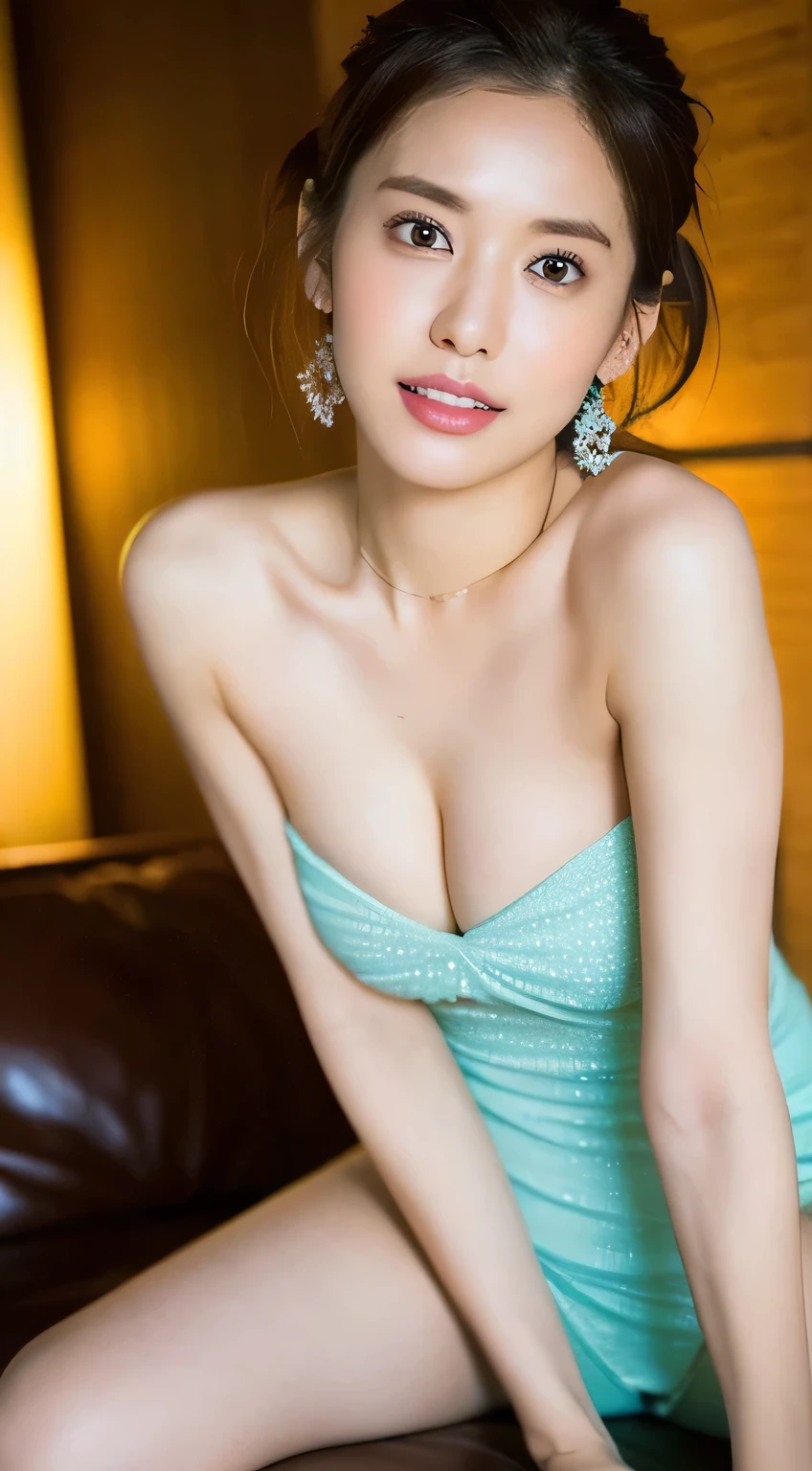 (highest quality, 4k, masterpiece :1.3), 
sharp focus, shallow depth of field, Bright colors, professional level, 
20-year-old, 1 person, (Half Japanese and German woman）, The face of a famous Japanese actress, 
Supple body :1.3, model body shape:1.5, perfect style：1.4, 
narrow shoulders, beautiful clavicle, long and thin legs, 
delicate body shape, The beauty of slim abs :1.2, thin waist :1.2, 
super detailed skin, Fair skin, Shiny skin, super detailed face, 
slim facial contour, beautiful small face, Beautiful lined nose, 
super detailed eyes, long slit eyes, brown eyes, double eyelid, Beautiful thin eyebrows, fine long eyelashes, 
super detailed lips, plump lips, glossy pink lips, flushed cheeks, beautiful teeth, 
Beautiful actress&#39;s ennui makeup, pink lipstick, 
dark brown hair, delicate soft hair, 
(hair up, medium short hair, ponytail:1.2), 
layer cut, (dull bangs:1.2), 
(stylish looking earrings,necklace,bracelet,shiny nail art:1.2), 
gentle smile, open mouth half way, Enchanted expression, ((stare at the viewer)), 
(((photorealism,Shoot the whole body from the thighs:1.5))), ((The body is facing sideways)), 
Photographed directly from the front, cinematic lighting, dynamic lighting, 

(Dress up in a tight green polka dot dress:1.2), 

Luxury resort outdoor pool, Flowers are blooming in the background, blur the background, 

((She is posing naked and sexy with beautiful posture.:1.4)), 
The areola of the breast is beautiful:1.2, 
(perfect breast shape, rich breasts:1.2), 
It is a small pale pink areola., 
(She has a cute plump butt, My thighs are dazzling),