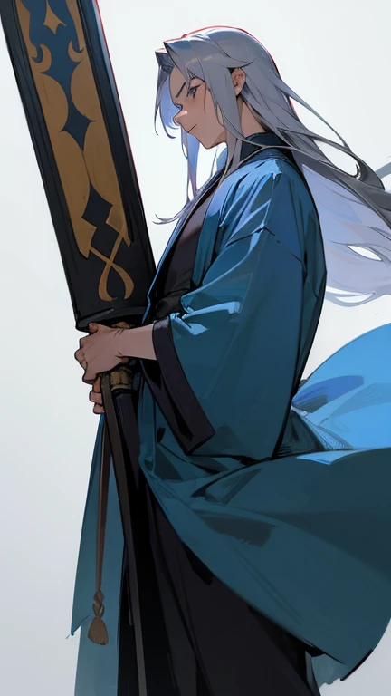 (masterpiece, best quality:1.2), 1boy, solo,standing with cat on shoulder,
long silver hair, long blue robe , martial arts attire