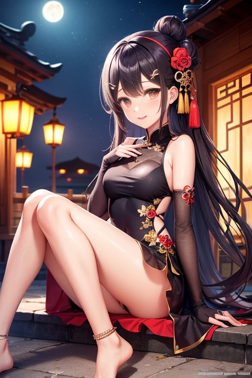 best quality,official art,Extremely detailed CG unified 8k wallpaper, (Wide-angle lens),1 girl, (Meiyu Edelfeldt),,black hair,brown eyes,seductive smile,National Science Foundation, barefoot, see through dress, Butterfly, Butterfly hair accessories, backless dress, Chinese clothes,sleeveless, twice as good,Golden dragon pattern,barefoot,full moon,Elbow gloves,bun, hair accessories,jewelry,earrings,Bead Anklet,thin legs,nail polish, medium breasts, alone, toenail polish, toe甲, toe, Double tail,outdoor,Chinese style architecture, Chinese style, lake, ancient town, Beautiful and detailed water,red lantern,fireworks,