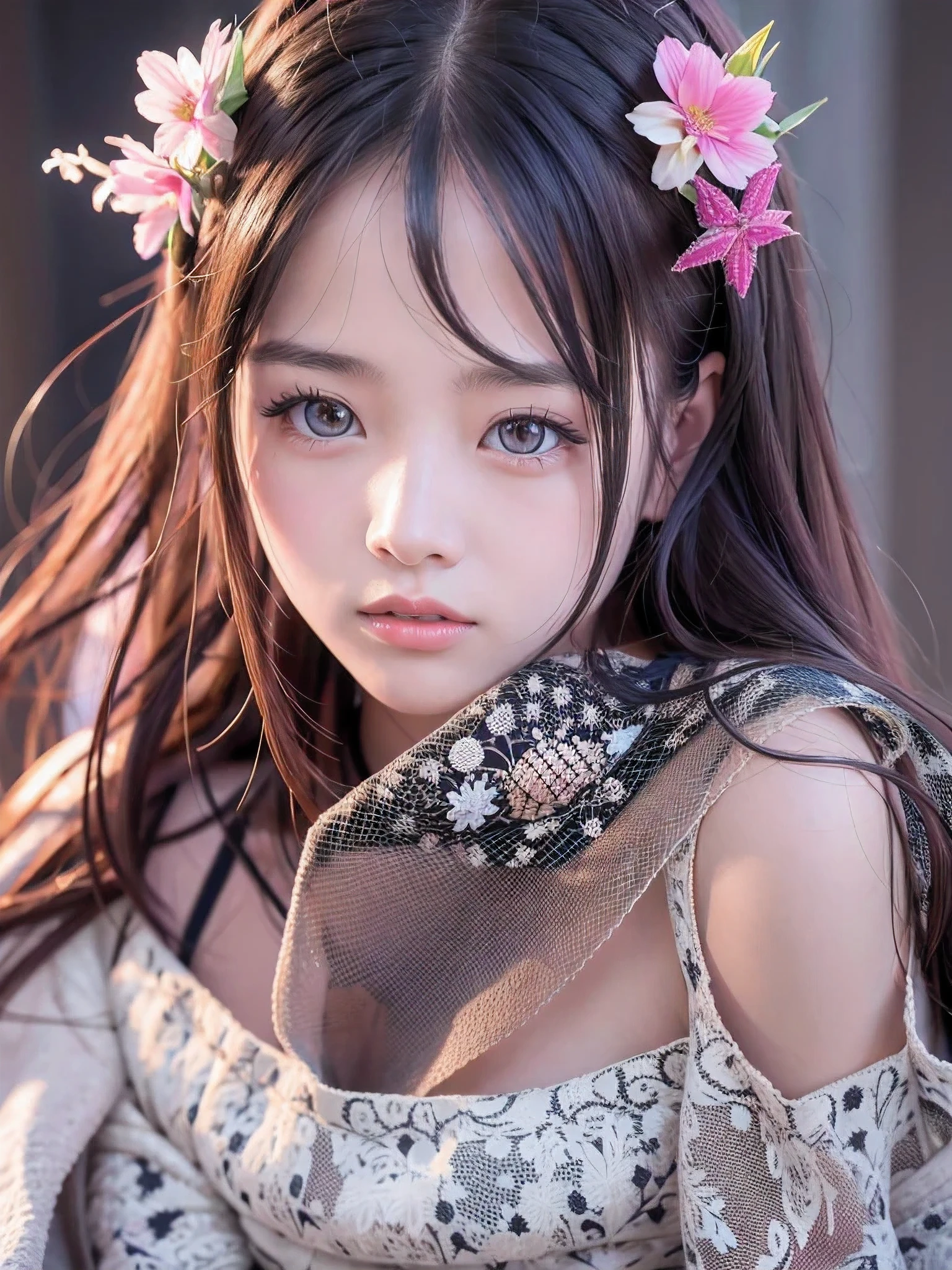 A woman posing in a white dress and a purple line dress、23 years old、(Natural and detailed face standing、beautiful and detailed eyes、beautiful and dense lips、very detailed eyes、detailed face、long eyelashes)(8K resolution)、High resolution、masterpiece:1.2 )、Super detailed、(real、photorealistic、photorealistic: 1.37)、princess cut、belle delphine、dress、8K、fantastic lighting、bright colors、squatting down