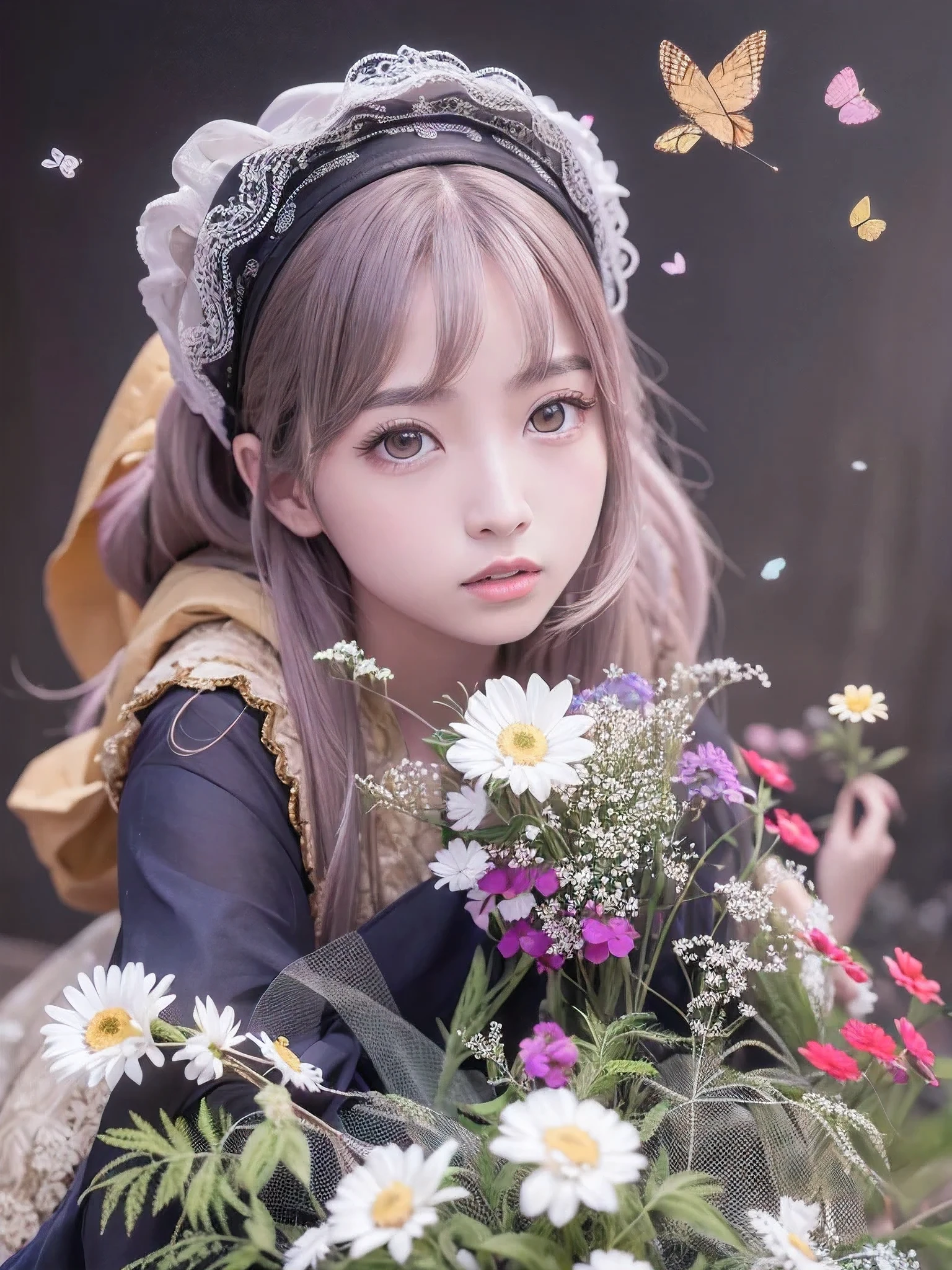 A woman posing in a white dress and a purple line dress、23 years old、(Natural and detailed face standing、beautiful and detailed eyes、beautiful and dense lips、very detailed eyes、detailed face、long eyelashes)(8K resolution)、High resolution、masterpiece:1.2 )、Super detailed、(real、photorealistic、photorealistic: 1.37)、princess cut、belle delphine、dress、8K、fantastic lighting、bright colors、squatting down