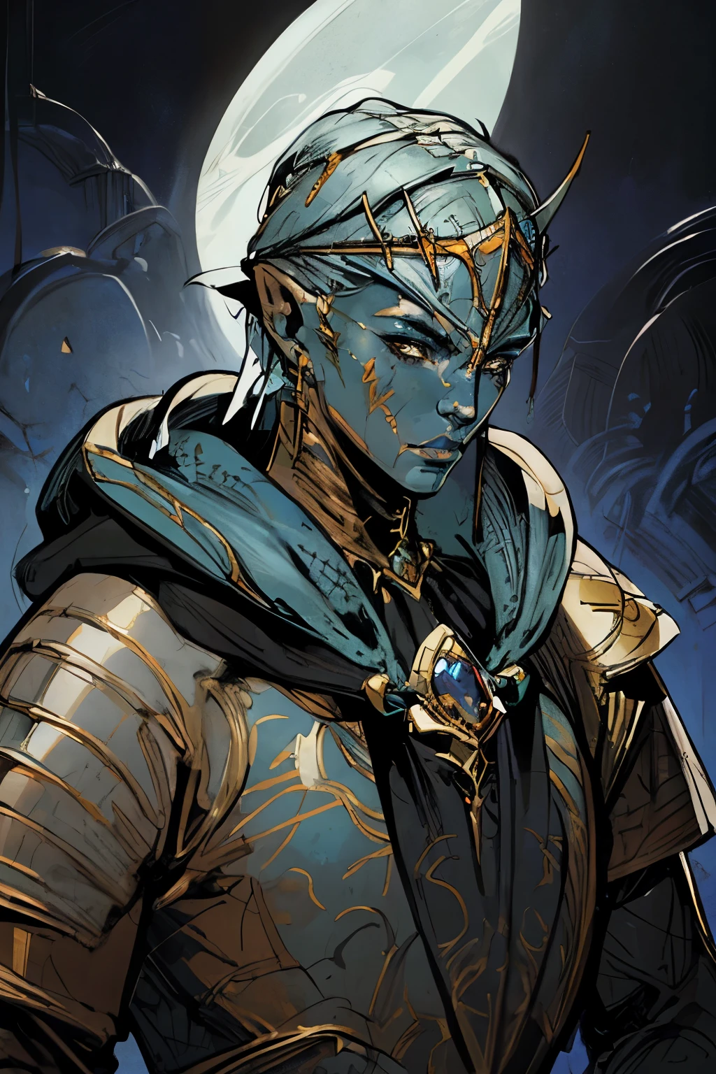 crusader, full detailed beautiful armor, ((elegant headdress over hood)), blue skin, ((scars around mouth)), fantasy, SCI-FI, muscular, (androgynous facial features), 1female,  in the style of     Jean Giraud,