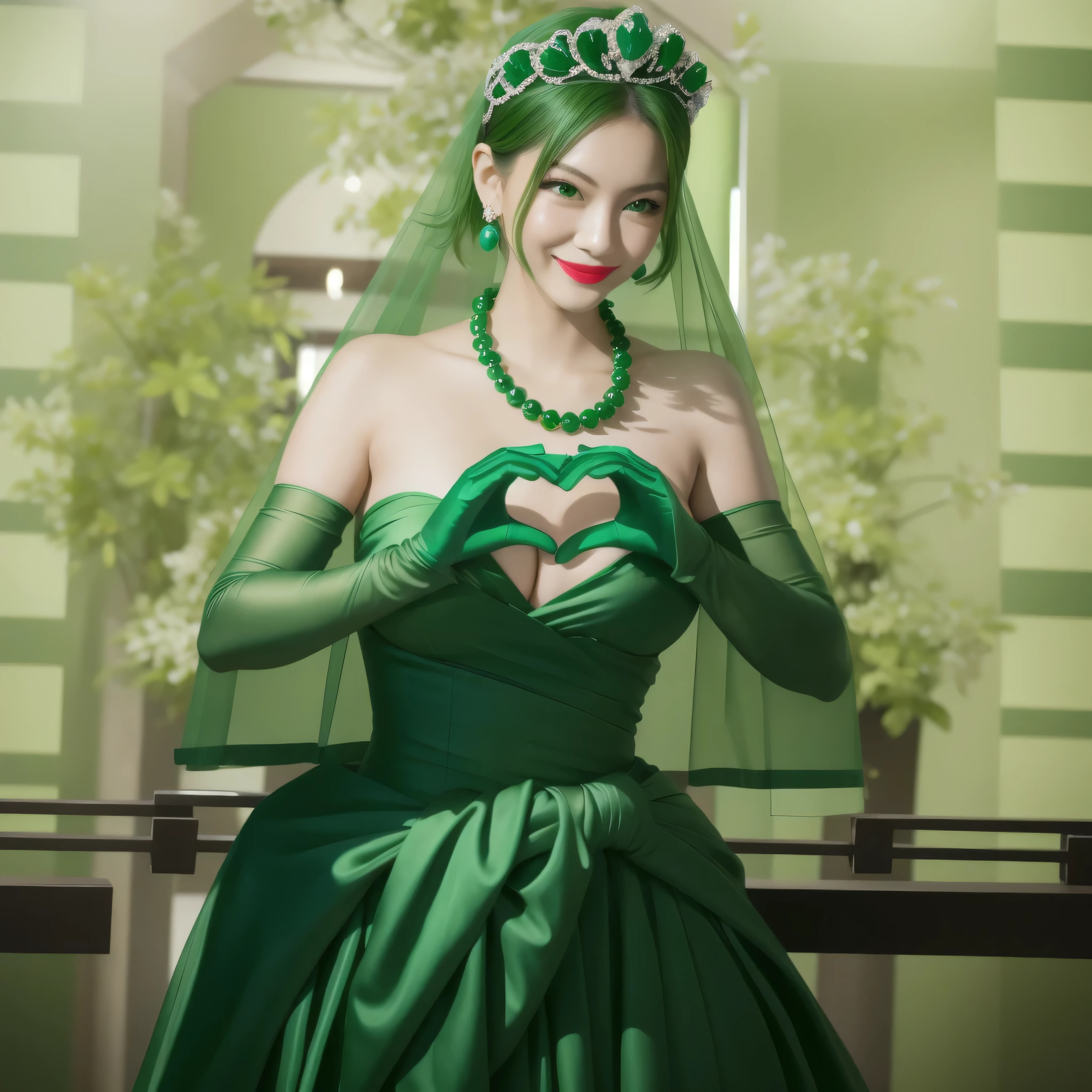 emerald tiara, green pearl necklace, boyish very short green hair, green lips, smiling Japanese woman, very short hair, Beautiful woman with big breasts, green eyes, green satin long gloves, green eyes, emerald earrings, green veil, Heart with both hands, green hair, beautiful japanese woman, heart shaped hands:1.3, green lip gloss