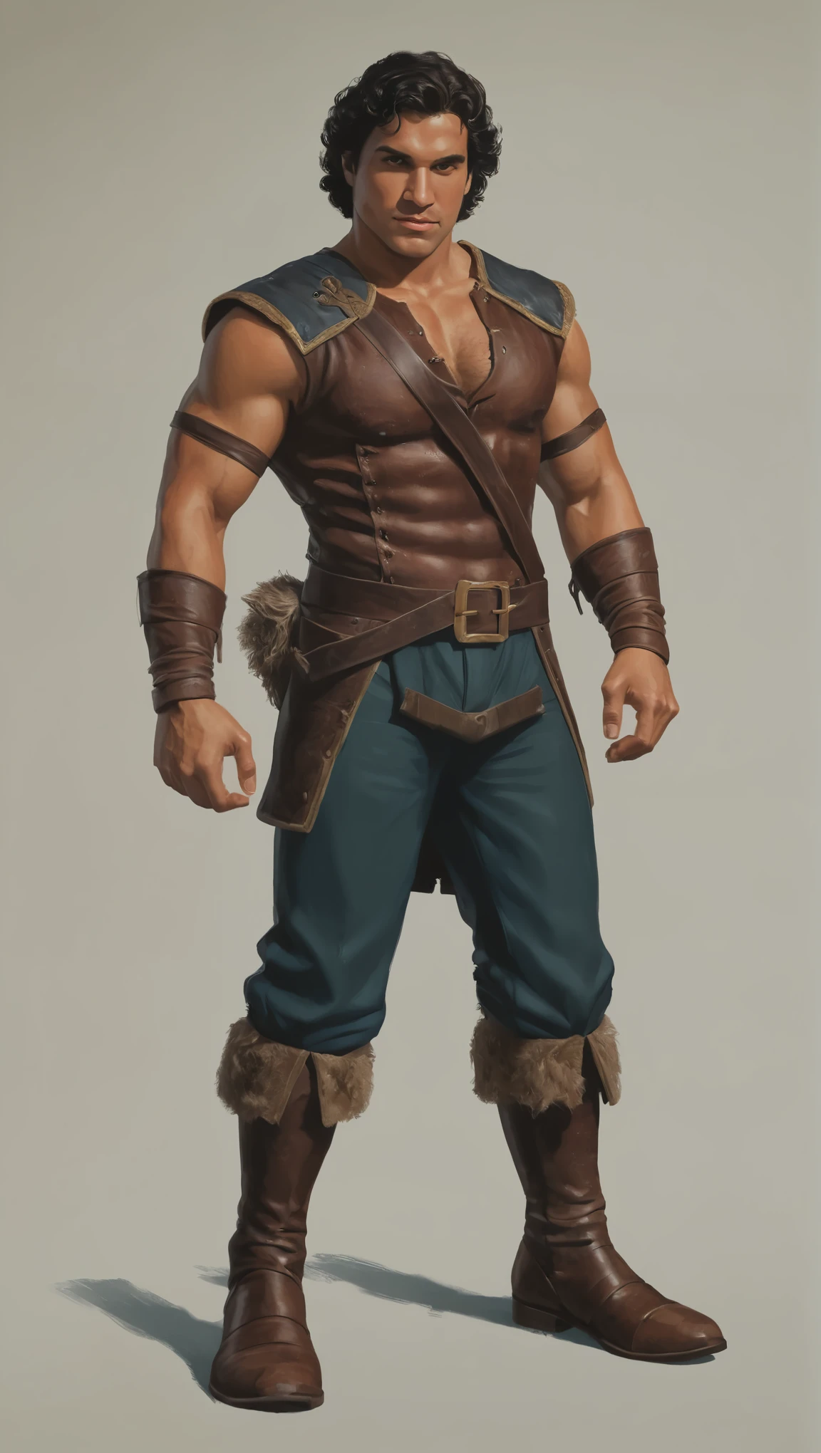 An illustrated movie poster, hand-drawn, full color, a swashbuckler, male, 28 years-old, wearing ankle-banded pants and leather boots, resembles a young Lou Ferrigno, sun-tanned skin, round face, average height, broad shoulders, soft belly, slightly chubby, deep brown eyes, wide bulbous nose, black hair, curly taper fade, thick bushy eyebrows, extremely hairy chest, stomach, and arms, lots of body hair, posing on a pedestal, wet listening skin, hard shadows, graphite shading, stencil marks, airbrushed acrylic paint, masterpiece, in the style of Skyrim