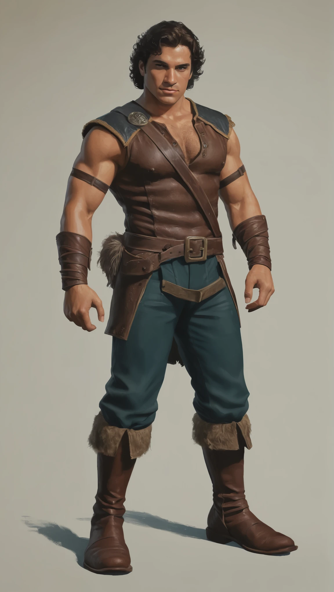 An illustrated movie poster, hand-drawn, full color, a swashbuckler, male, 28 years-old, wearing ankle-banded pants and leather boots, resembles a young Lou Ferrigno, sun-tanned skin, round face, average height, broad shoulders, soft belly, slightly chubby, deep brown eyes, wide bulbous nose, black hair, curly taper fade, thick bushy eyebrows, extremely hairy chest, stomach, and arms, lots of body hair, posing on a pedestal, wet listening skin, hard shadows, graphite shading, stencil marks, airbrushed acrylic paint, masterpiece, in the style of Skyrim