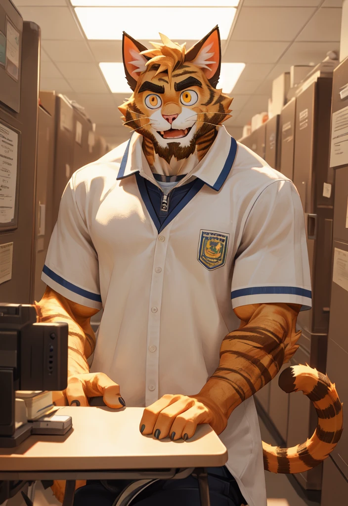 (masterpiece)，(Very detailed)，(best quality)，hairy，Cat，Orange fur，Golden pupils with some muscles，(white casual wear)，((funny expression))，8K，(high quality)，(ultra high definition)，(super detailed)(high school student)