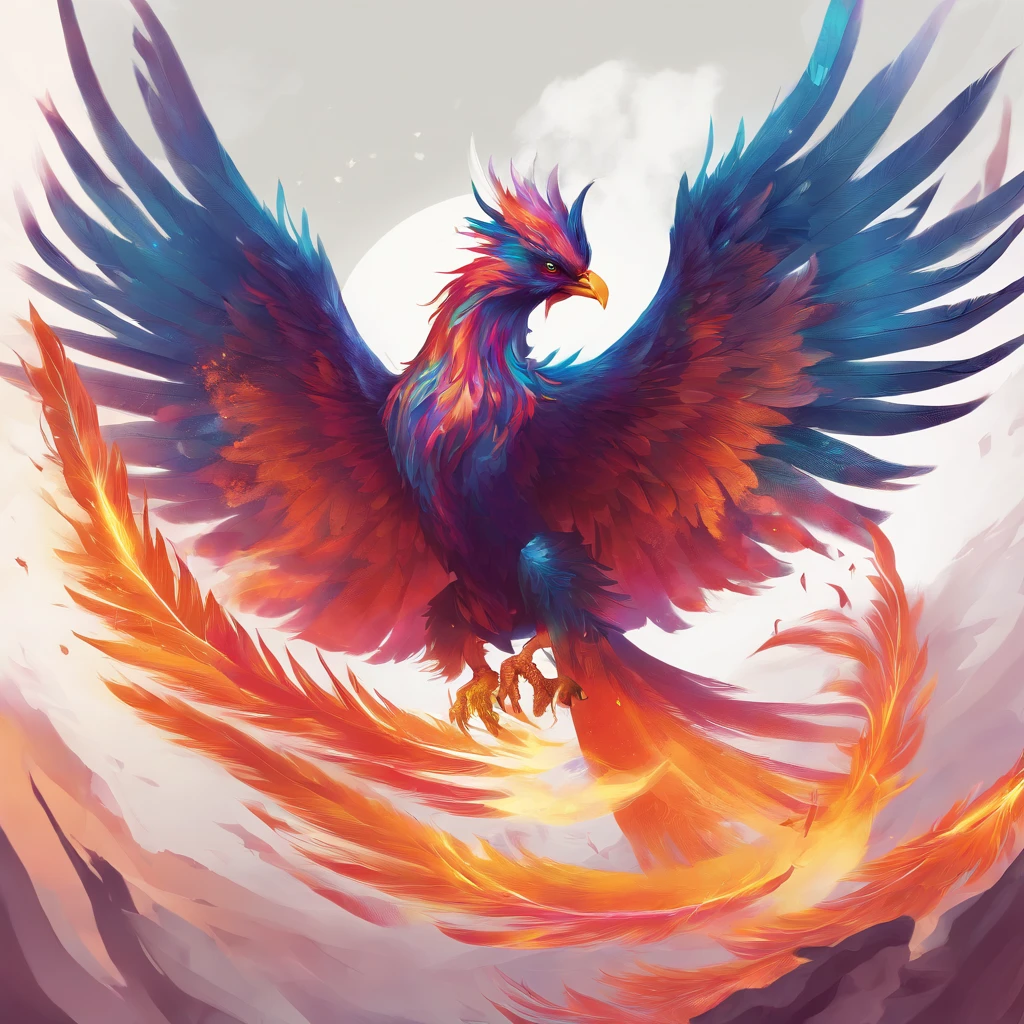 best quality,highres,ultra-detailed,realistic phoenix, vibrant colors,colorful feathers,bright flames, majestic wings,glorious flight, intense gaze, dynamic pose, mythical creature, fantasy art, ethereal lighting