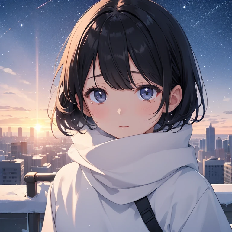 1 female、　city at dawn、The starry sky high in the sky turns white with the light of the rising sun、A woman in winter clothes watching the sunrise、detailed face、black short hair、Crying quietly