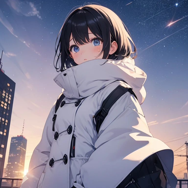 1 female、 city at dawn、The starry sky high in the sky turns white with the light of the rising sun、A woman in winter clothes watching the sunrise、detailed face、black short hair、Crying quietly