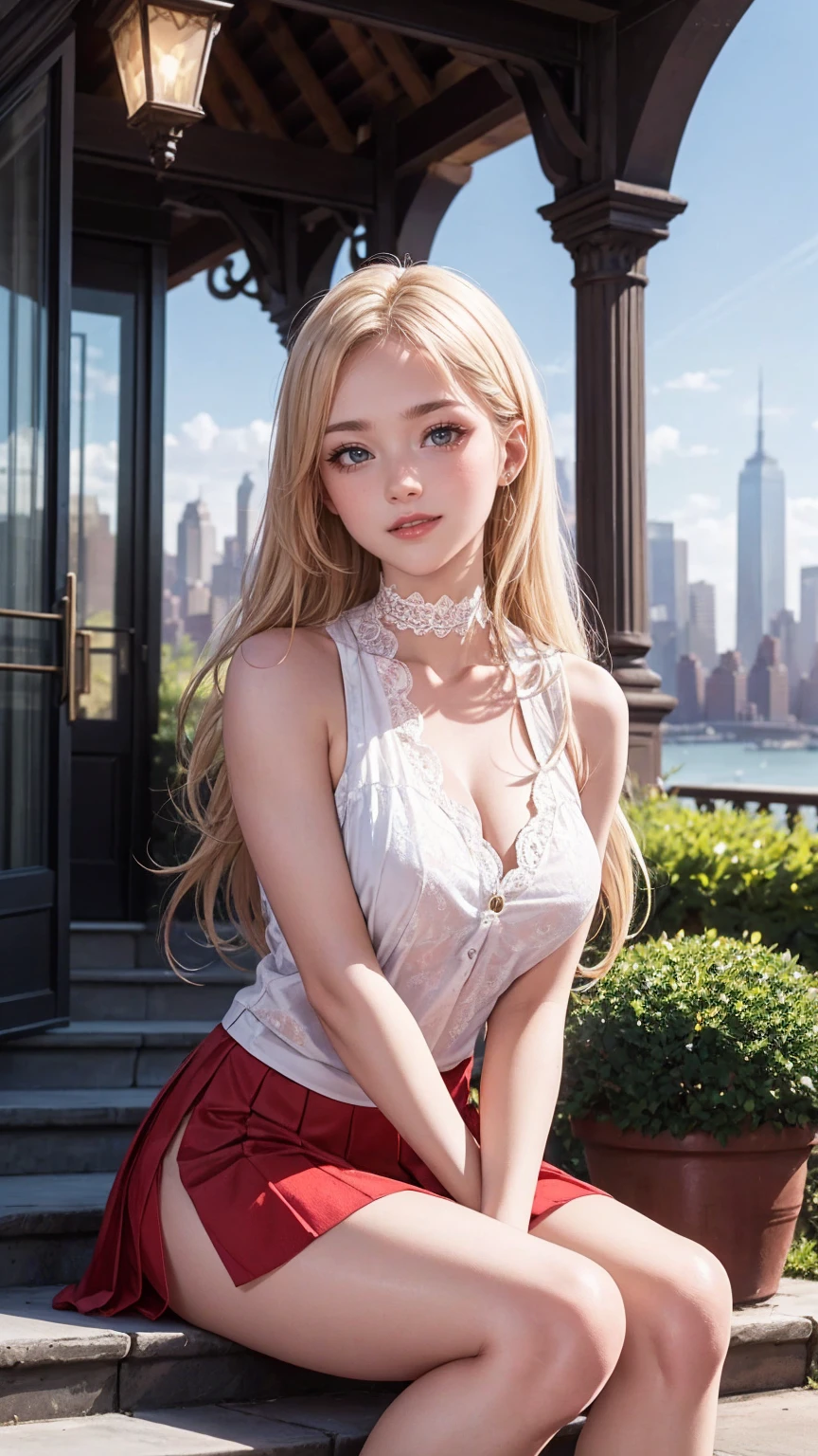 ((最high quality, 8K, masterpiece: 1.3, Ultra HD, high quality, 最high quality, High resolution, realism)) 、(high color saturation:1.0), (highly detailed skin), (最high quality:1.0), (超High resolution:1.0) ,(realistic:1.0), (Super detailed:1.0), (8K, Raw photo:1.1), slender、Slender, muscular body that's toned like an athlete's、I don't want my head to disappear from the screen.、Accessorize your wrist、Wearing red nail polish、I have a peticure、cinematic lighting, sparkle 、25 year old white woman、platinum blonde、long hair、blue eyes、hair above one eye、smile、Wear a lace choker、Wear a lace-decorated dress、flare skirt((flare skirt))wear、Stone apartment on New York's Upper West Side、Sit down on the steps at the entrance、smile((smile ))