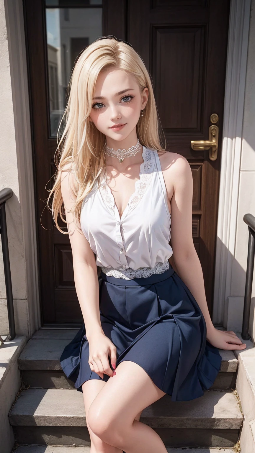 A girl,16 year old,european countryside,blonde,(bangs bangs),pretty face,sleeveless waitress,muscular arms