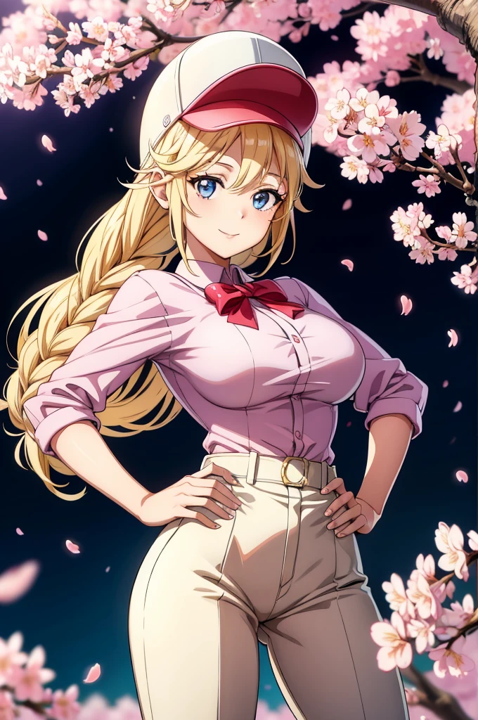 a beautiful lady with huge ears posing wearing a baseball helmet and white cap standing next to cherry blossom trees, 1girl, solo, braid, blue eyes, cherry blossoms, long hair, blonde hair, hat, hand on hip, smile, breasts, petals, looking at viewer