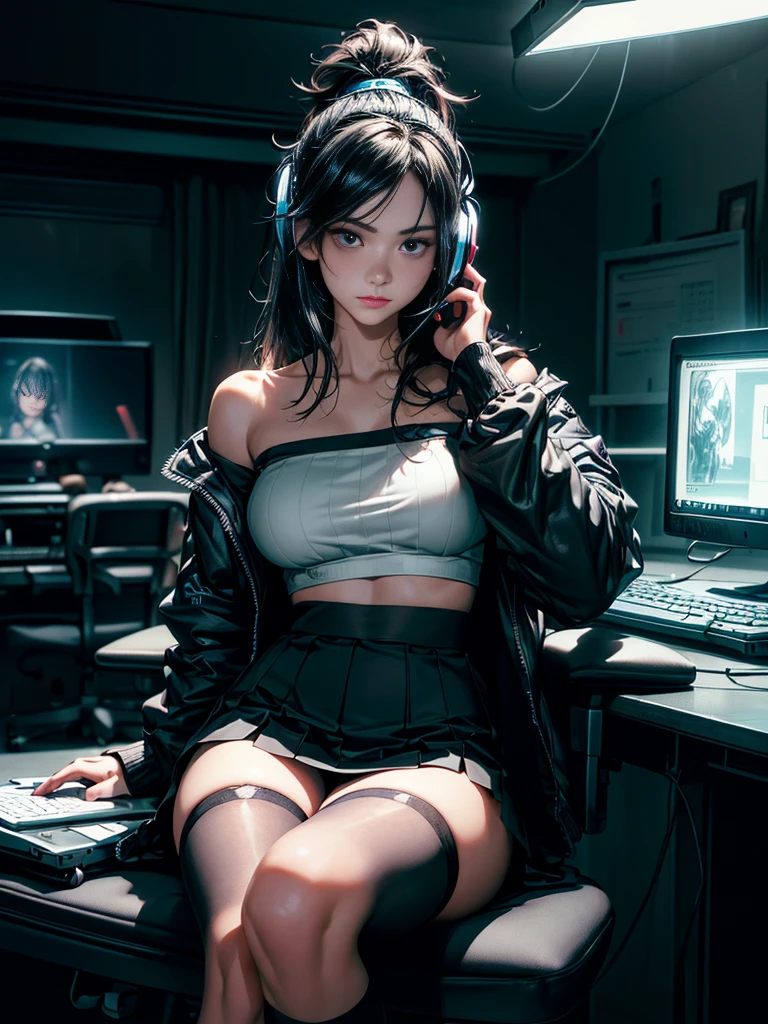 ultra-detailed, cute woman, petite stature, enormous breasts, white skin, alluring figure, black long messy hair, long upper eyelashes, eyebrows behind hair, upturned eyes, light blush, seductive smile, background((dark and messy gaming room, Server Machine, neon lights, Braces, some Computer screen, notebook)), messy paper, flight, Debris flying, writing border depth, Movie, Finished lunch box, Cup drinks, (((seated in a gaming chair))), ((sitting behind a computer)), ((Cross the feet)), (engrossed in staring at the computer screen:1.4), ((hands moving on the keyboard)), ((black RGB gaming headset)), , ((Blue jacket)), Open one shoulders, ((black short bandeau top)), ((white skirt), ((black thigh-high stockings)), ((screen light)), HDR, Premium shadow, Perfect painting, visual art, Perfect art, super detail, chiaroscuro, Best quality, super textured skin, super detail face, perfect face, Super fine facial details, beautiful and delicate eyes, perfect eyes, correct limbs, correct finger, super detail finger, best hair quality, best clothing quality, (((best prop quality))), ccurate, highres, super detail, masterpiece,, (photorealistic:1.3)