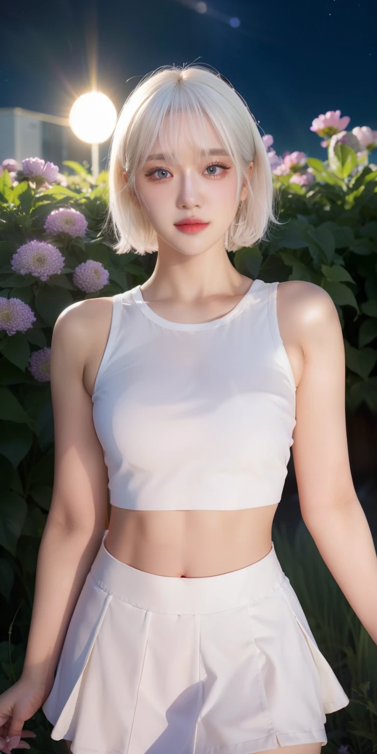 realistic, 1girl, white hair, purple eyes, glowing eyes, crop top, skirt, parted lips, blush, night, flowers, sun, sunlight,