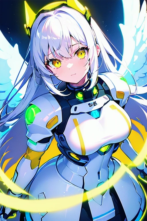 [(WHITE BACKGROUND:1.5),::5], ((((masterpiece)))), high quality, very_high_resolution, large_filesize, full color, solo, ((cyborg girl)), 20 old year, white hair, (neon yellow light mecha musume:1.2), vivid color, yellow eye, blue head gear, anime, (heaven angel cyborg Armor), mechanic angel wing, high close up, angel smile,