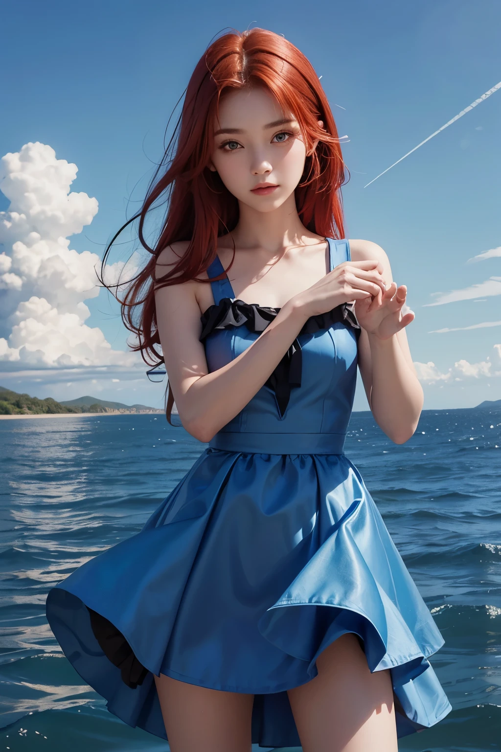 A beautiful woman. red hair. Fifteen years old. She is looking at the camera with a defiant expression. She is wearing a blue dress-like outfit. An image of a glowing blue planet behind her.
