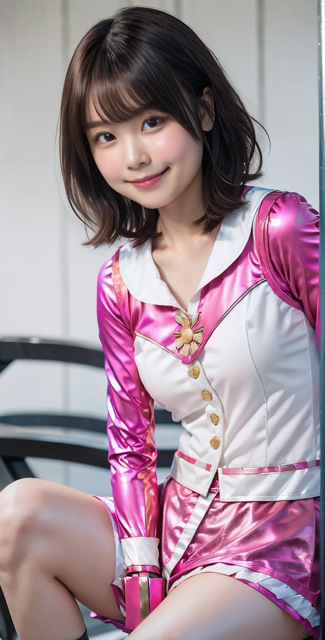 (8K、Raw photography、highest quality、masterpiece:1.2),(black haired、very short hair:1.8),(twin mitsu braid:1.4)、show viewer,Looking at the front,erotic,白いskin,(Wearing a shiny pink ranger costume:1.9)、()、(Clothing that emphasizes the shape of your chest、publish one'skin:1.5)、(big breasts :1.4)、slim body shape、ultra high resolution,beautiful,beautiful fece,(alone、no background:1.9),whole bodyボディー,japanese woman,(Photoreal:1.37)、photon mapping,reality、(-face cute: 1.0)、(cute smile: 1.7)、(With a round face: 1.7)、radio city、Physically based rendering、depth of field rally background、photograph, (I can see your knees、short skirt、I can see white panties、close up of thighs:1.8),(show polka dot panties:1.4),whole body、super fine