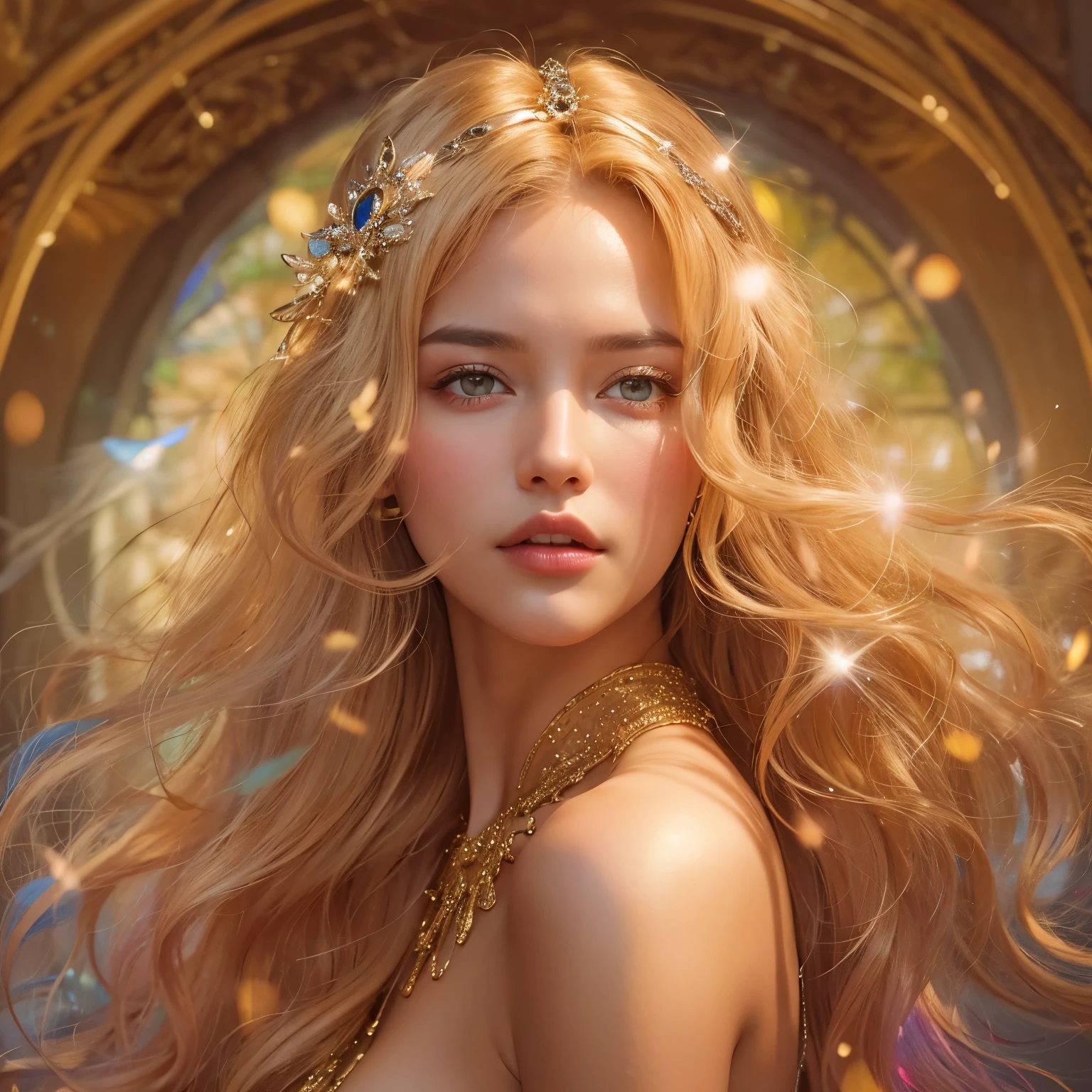 "(best quality,highres),goddess of the universe,perfect nude body,shimmering golden eyes,luscious golden hair,breathtaking beauty,detailed curves,flawless skin,ethereal lighting"